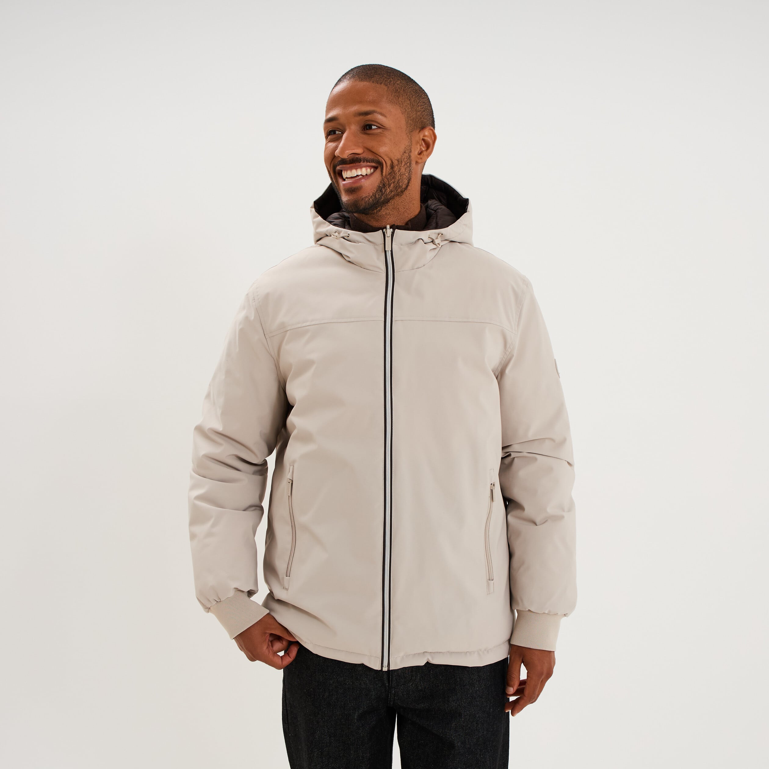 Blouson r&eacute;versible &agrave; capuche zipp&eacute; beige homme