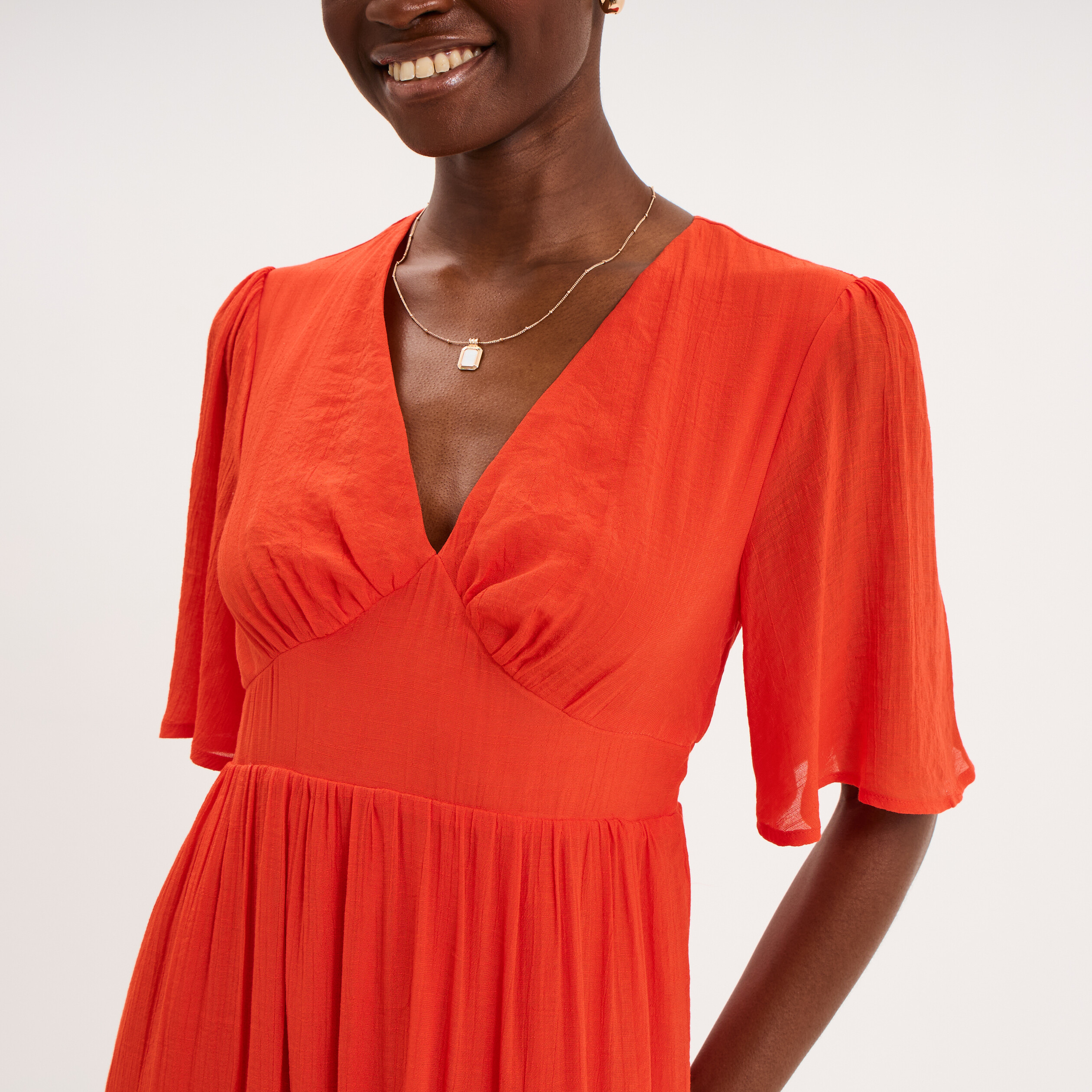 Robe longue fluide &agrave; volants orange fonc&eacute; femme