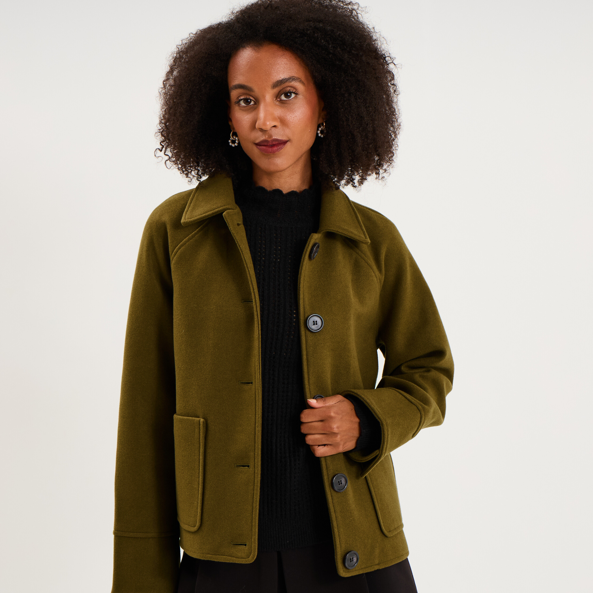 Veste courte oversize boutonn&eacute;e vert kaki femme