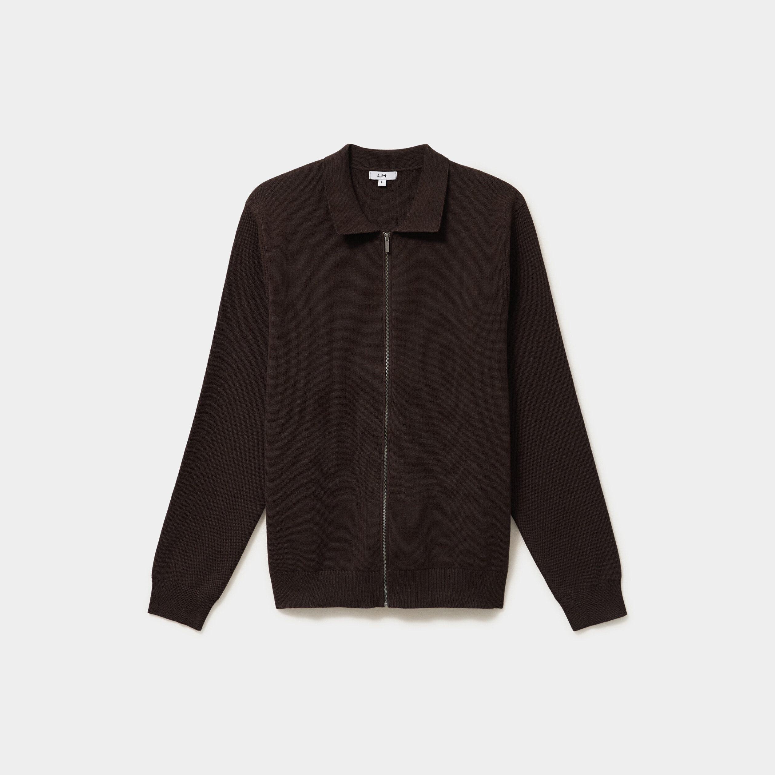 Gilet zipp&eacute; en maille manches longues marron fonc&eacute; homme
