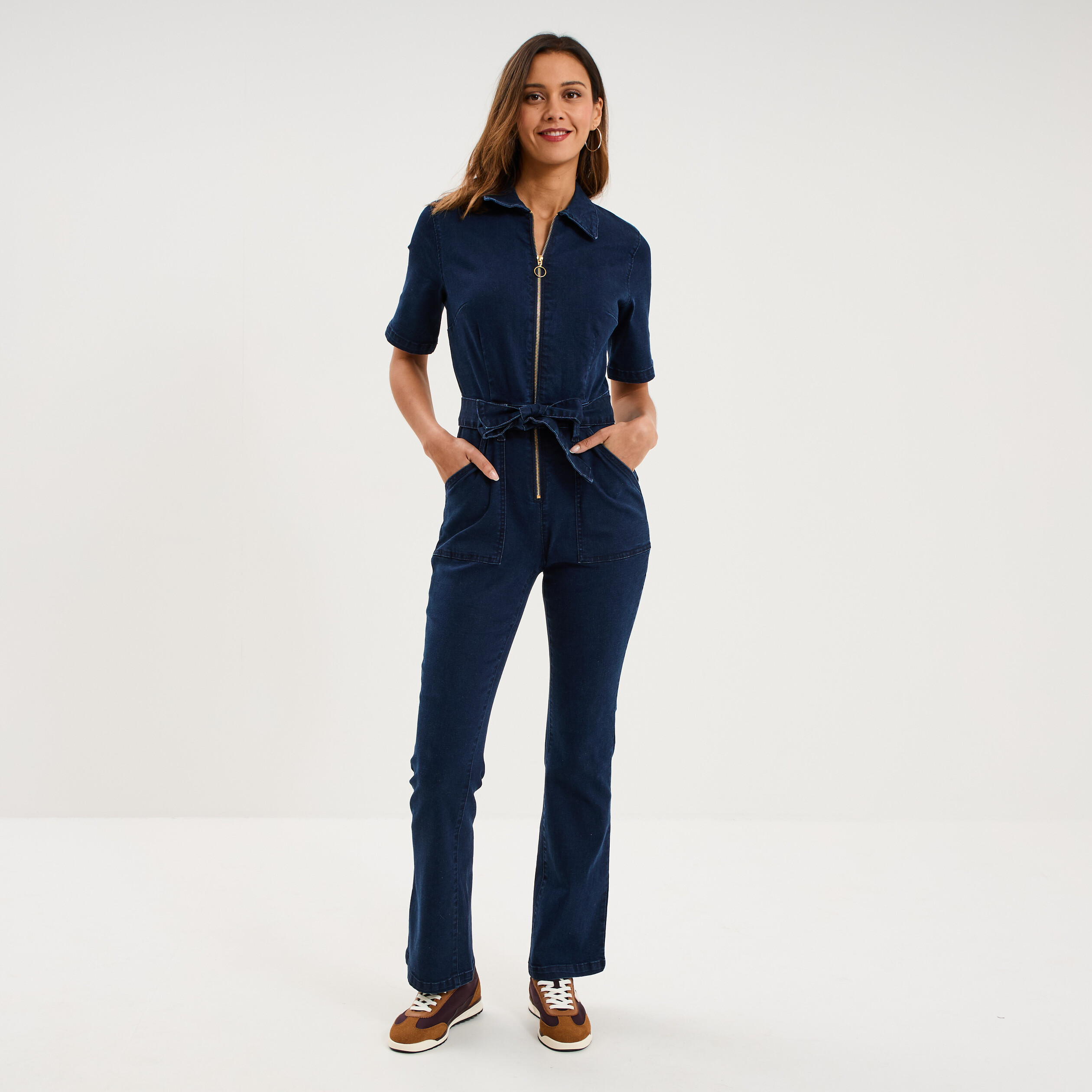 Combinaison pantalon en jean zipp&eacute;e denim brut femme