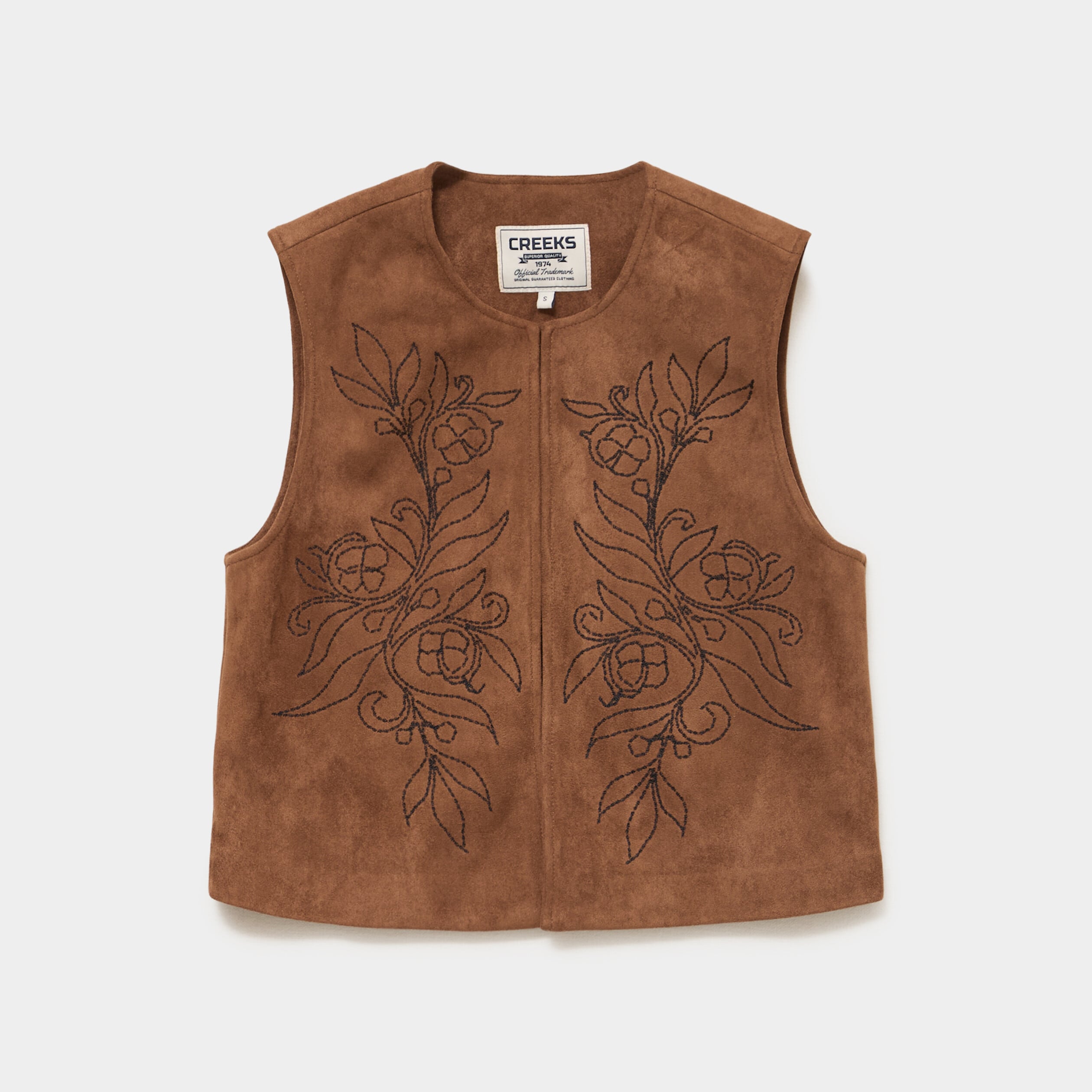 Veste sans manches brod&eacute;e en su&eacute;dine marron femme