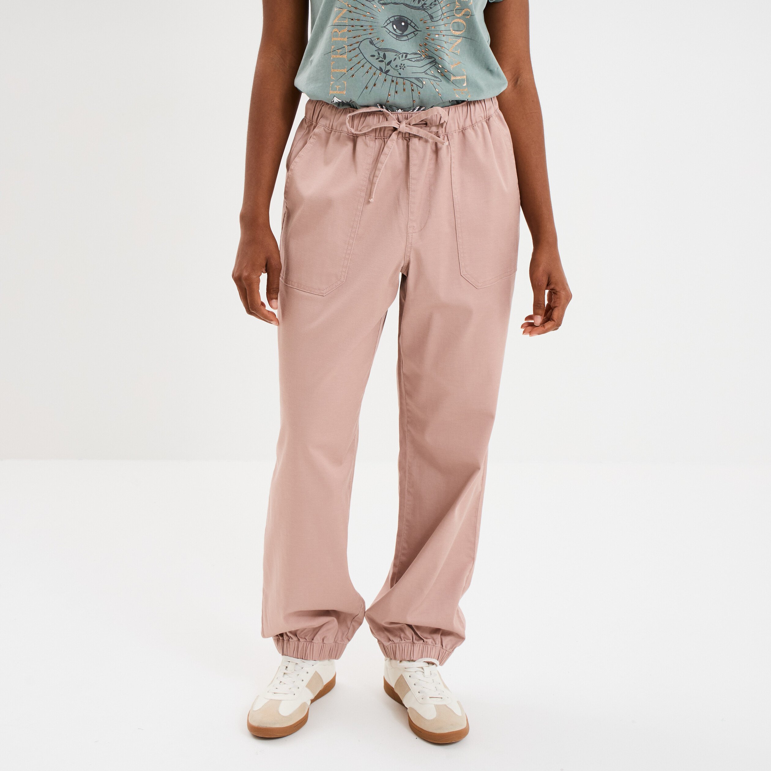 pantalon droit battle taille elastiquee rose poudree femme Pantalon droit battle taille élastiquée rose poudrée femme