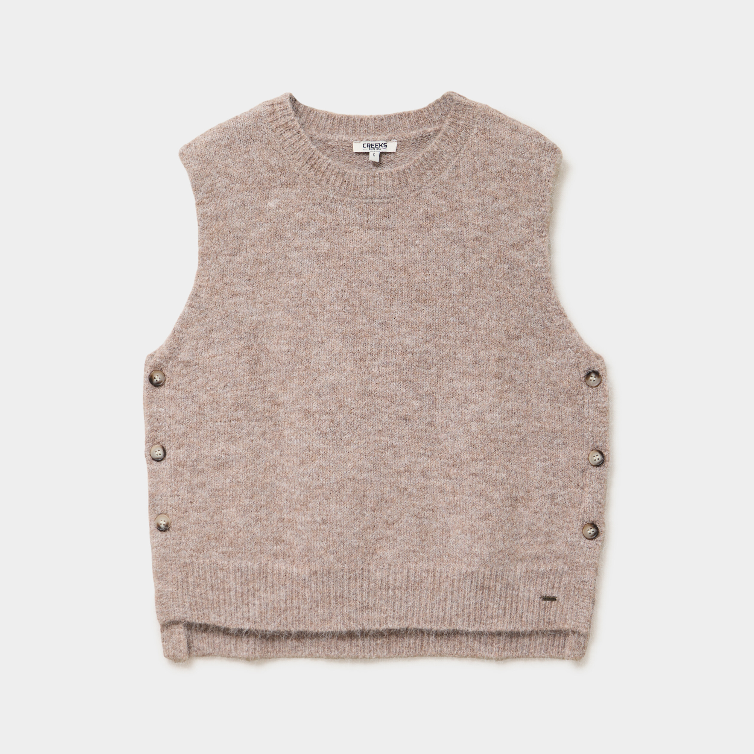 Pull col rond sans manches &agrave; boutons beige femme