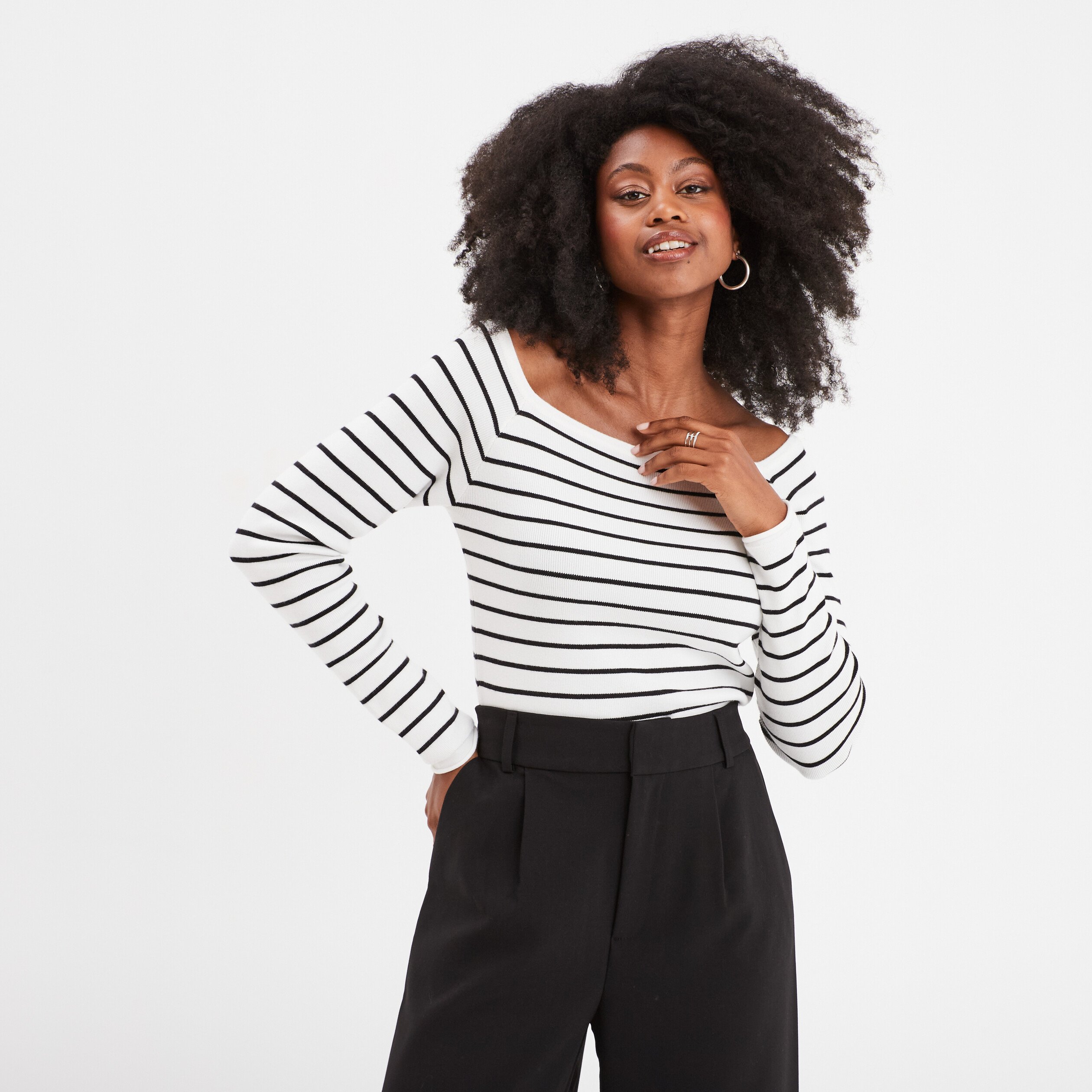 Pull côtelé col carré tricotage en côte blanc femme