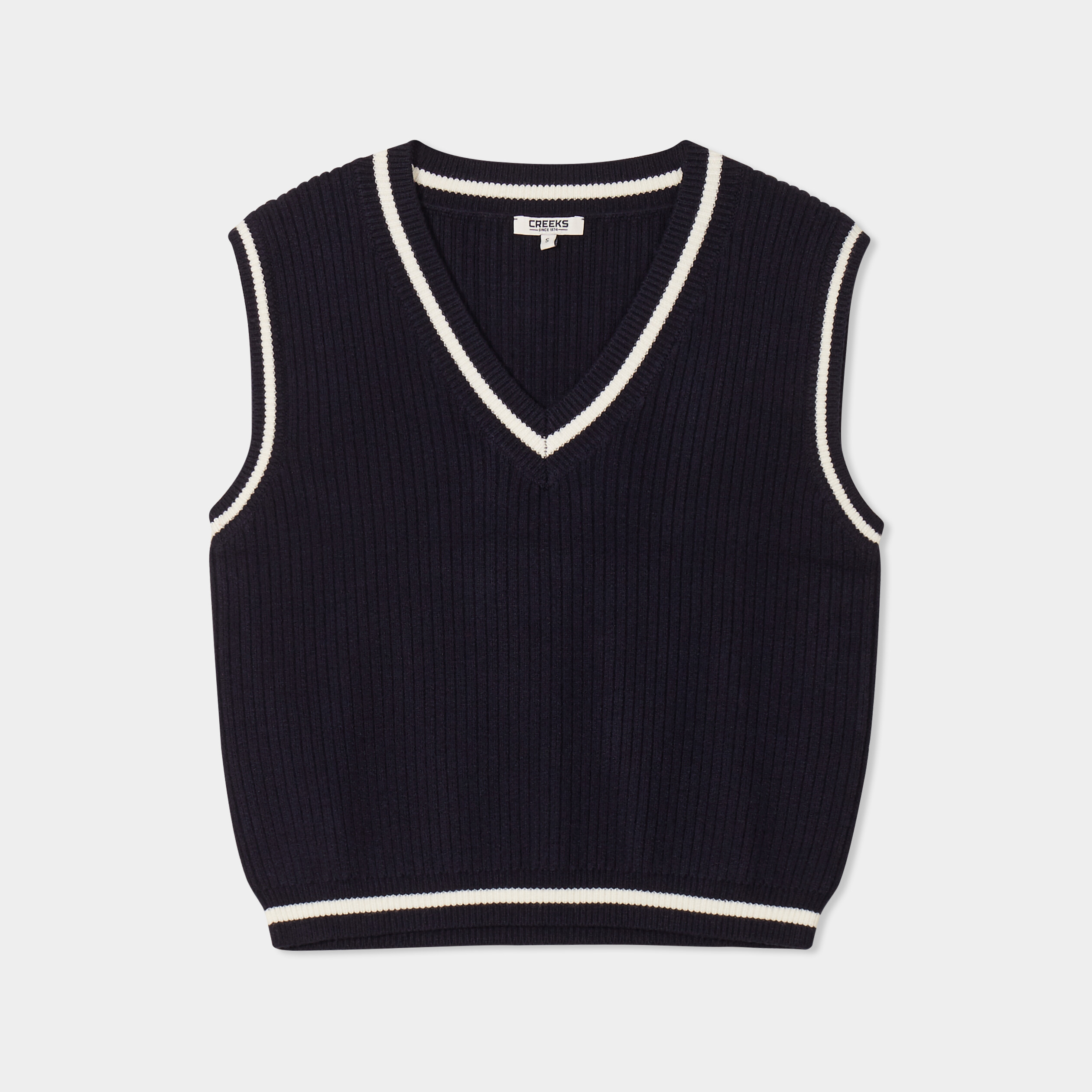 Pull sans manches col en V bleu marine femme