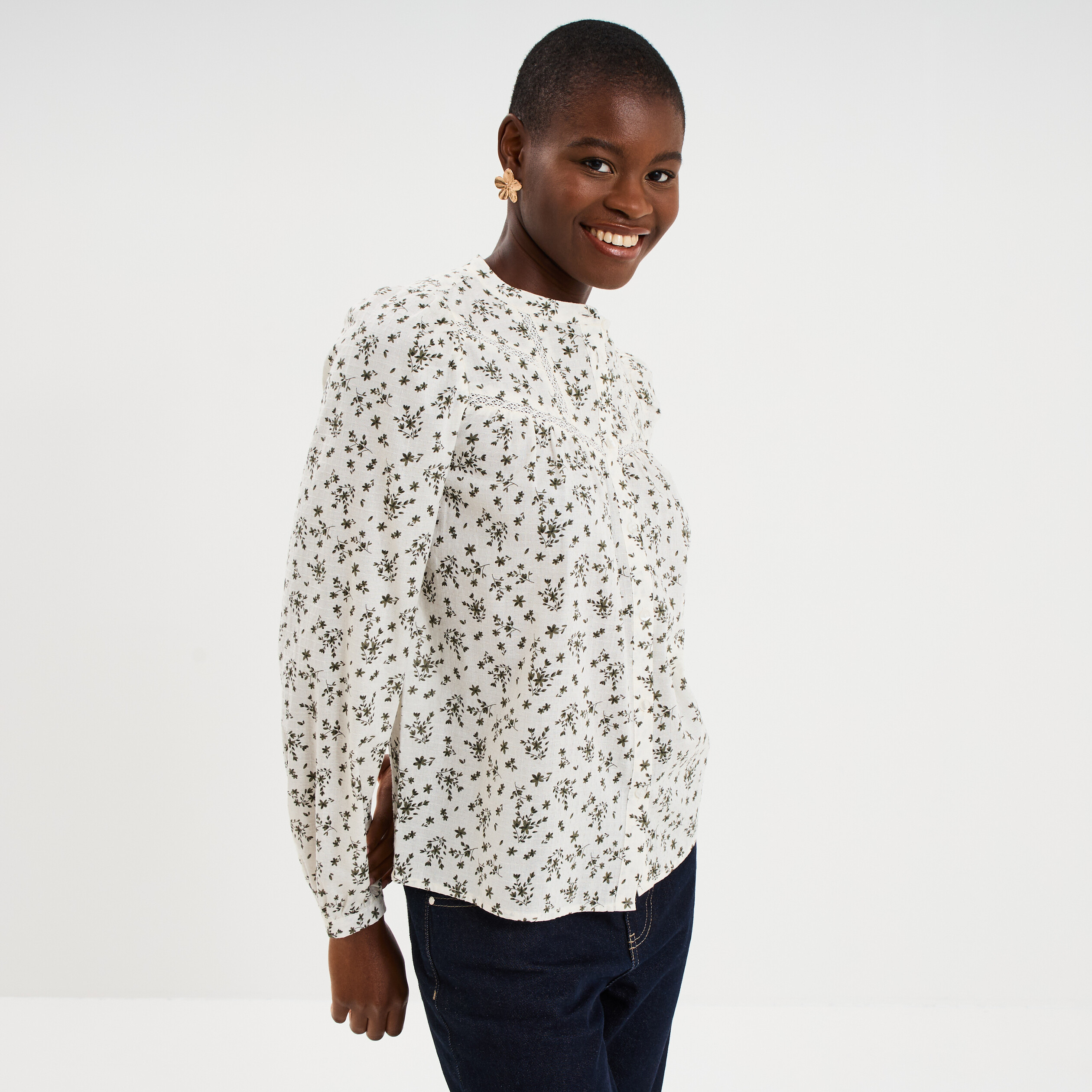 Blouse droite manches longues coton ecru femme
