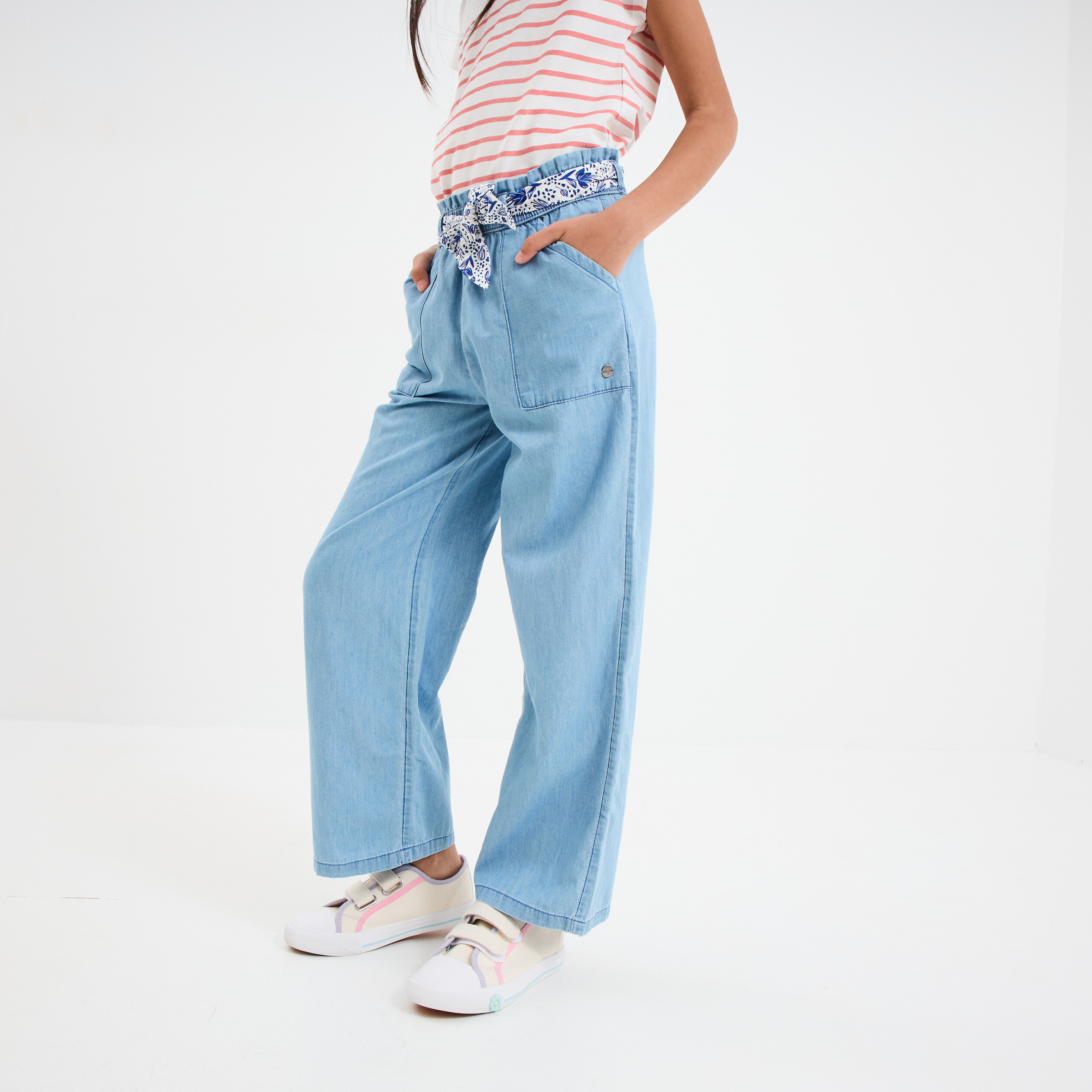jeans large ceinture foulard denim double stone fille Jeans large ceinture foulard denim double stone fille