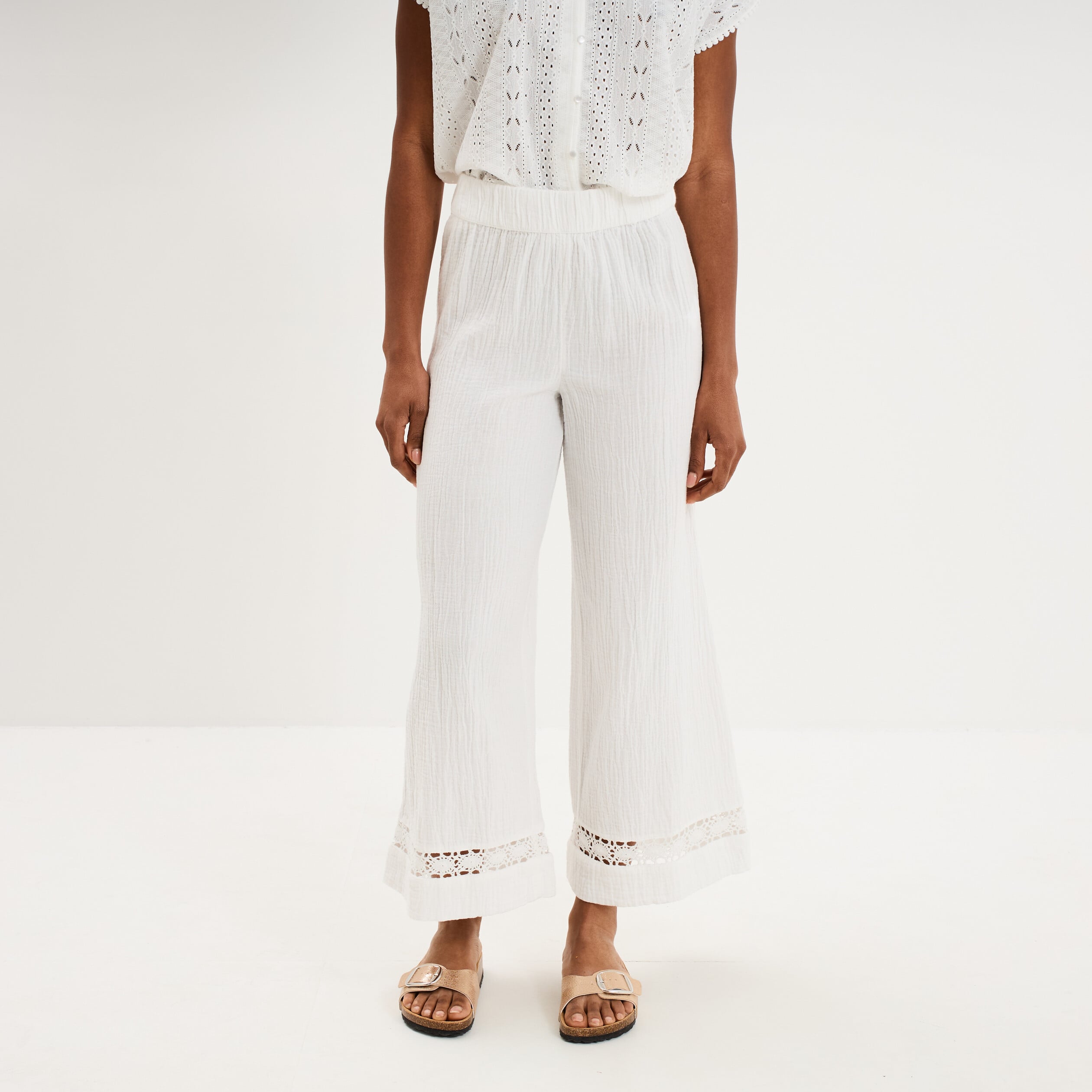 Pantalon large &eacute;lastiqu&eacute;e gaze coton blanc femme