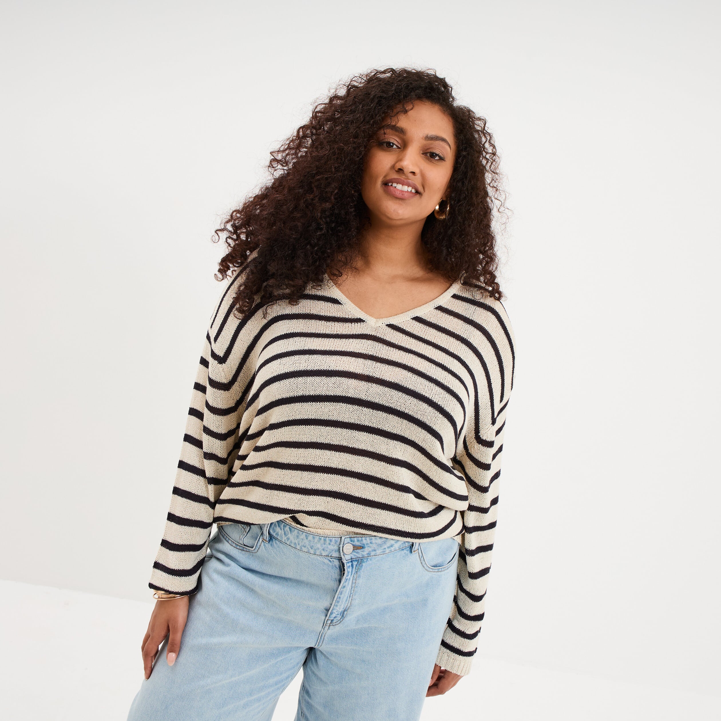 Pull ajust&eacute; manches longues ecru femme grande taille