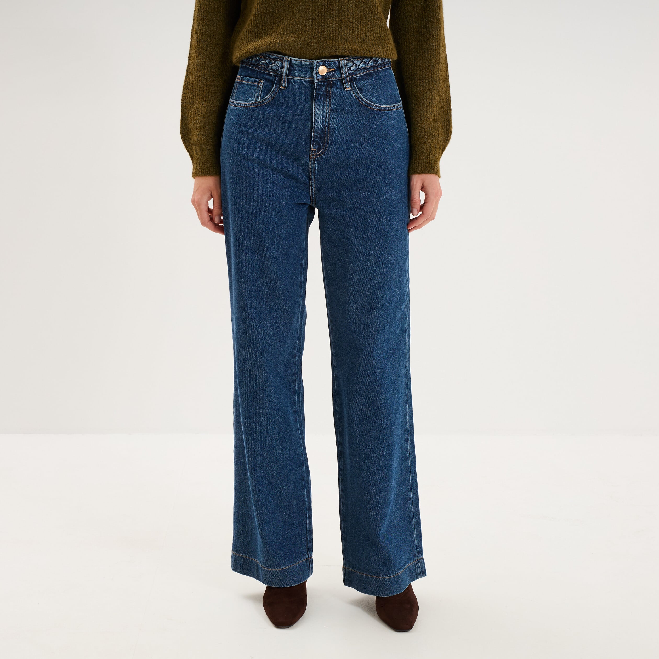Jean large taille haute ceinture tress&eacute;e denim stone femme