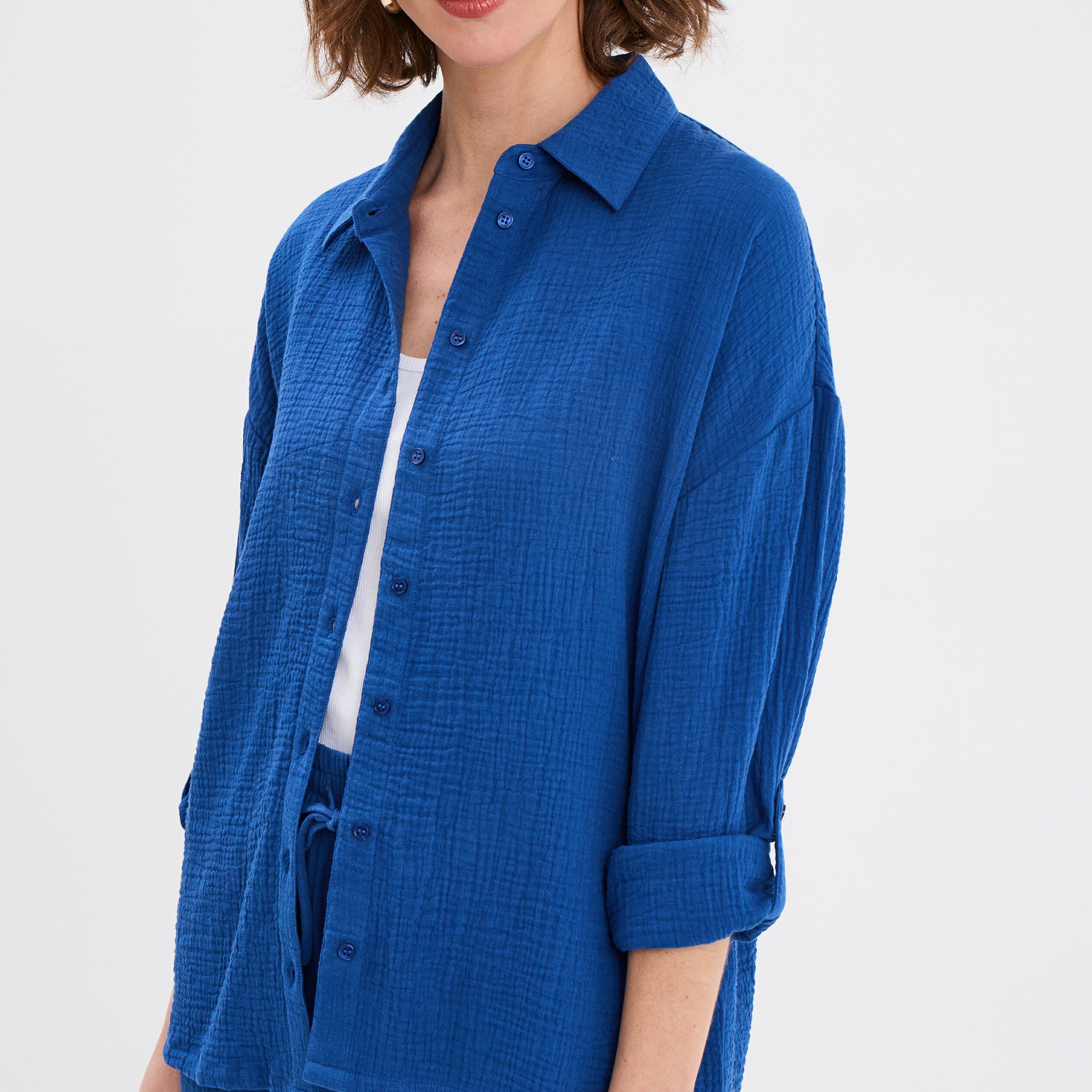 chemise manches longues en gaze de coton bleu marine femme Chemise manches longues en gaze de coton bleu marine femme