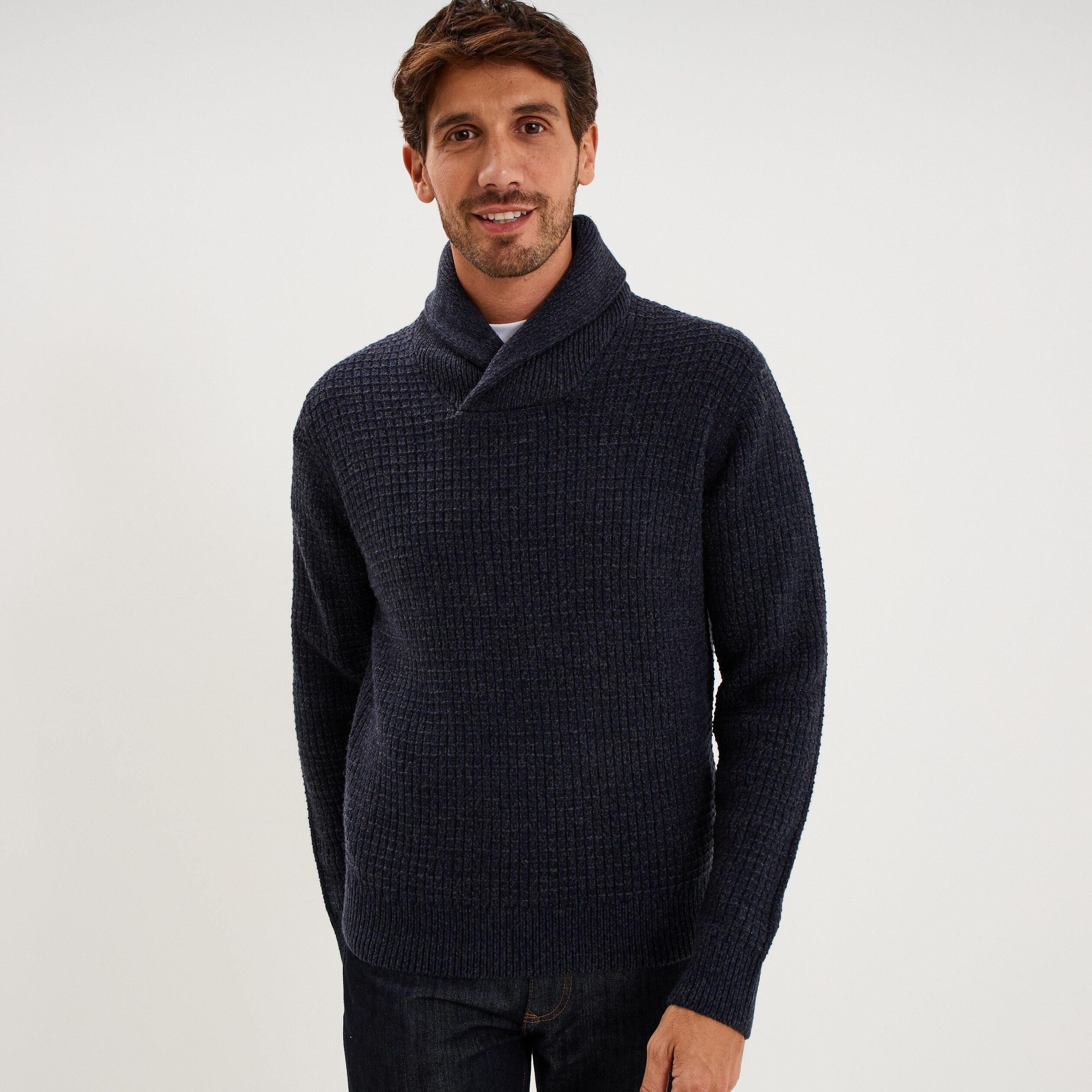Pull col ch&acirc;le manches longues bleu marine homme