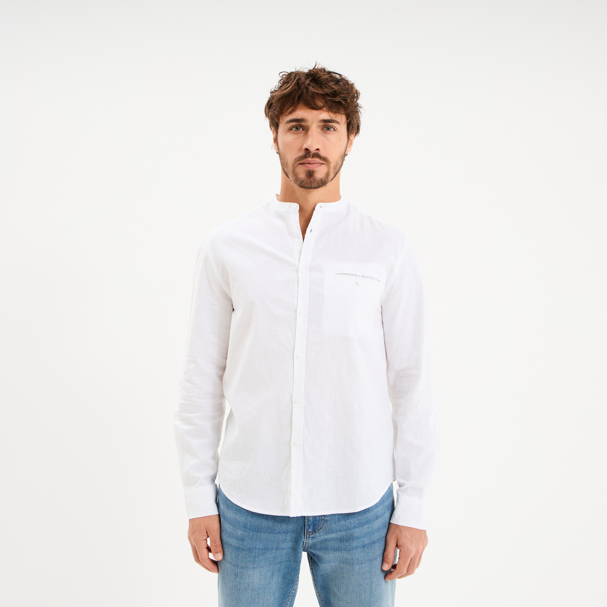 Chemise col mao lin m&eacute;lang&eacute; blanc homme