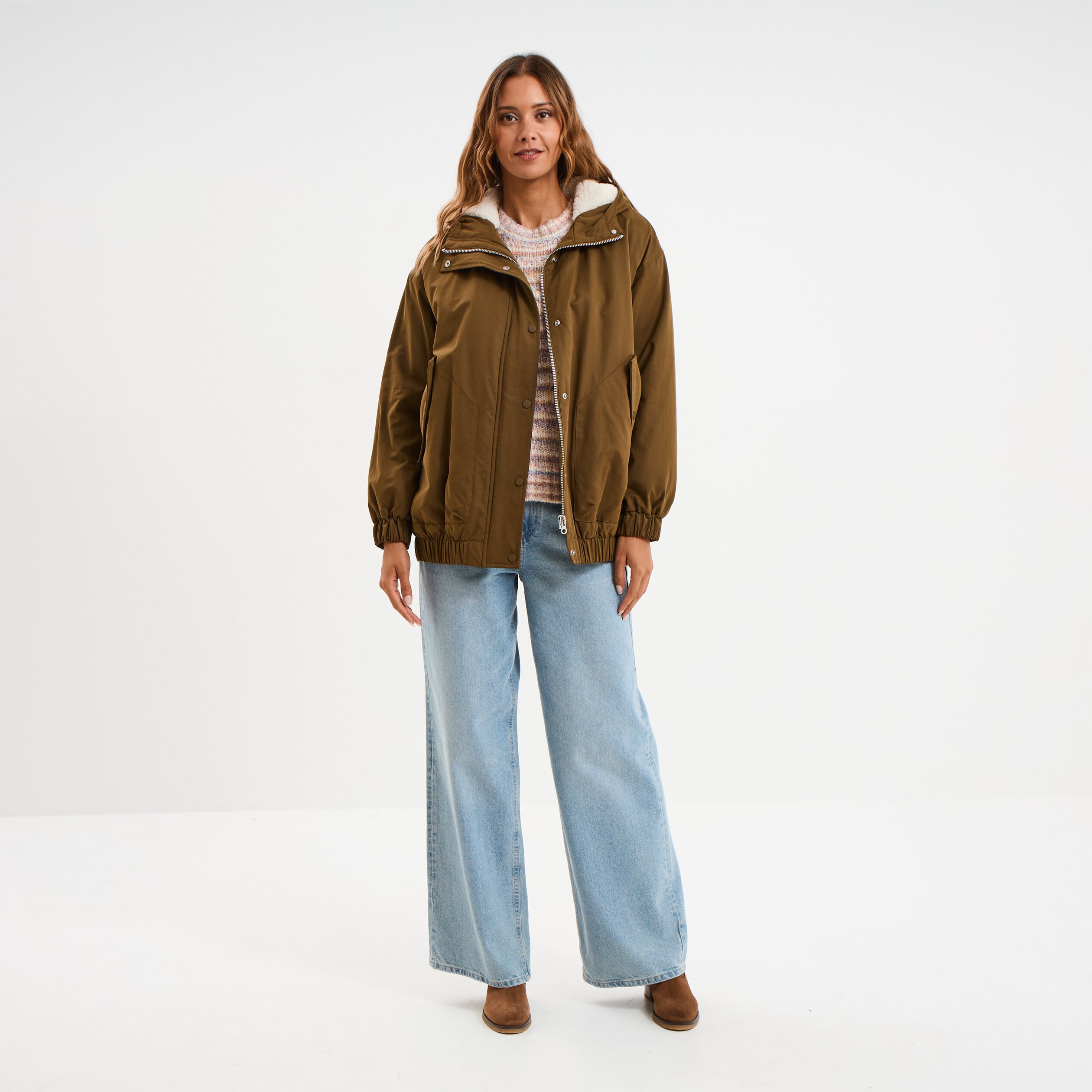 Pull droit col rond manches longues multicolore femme