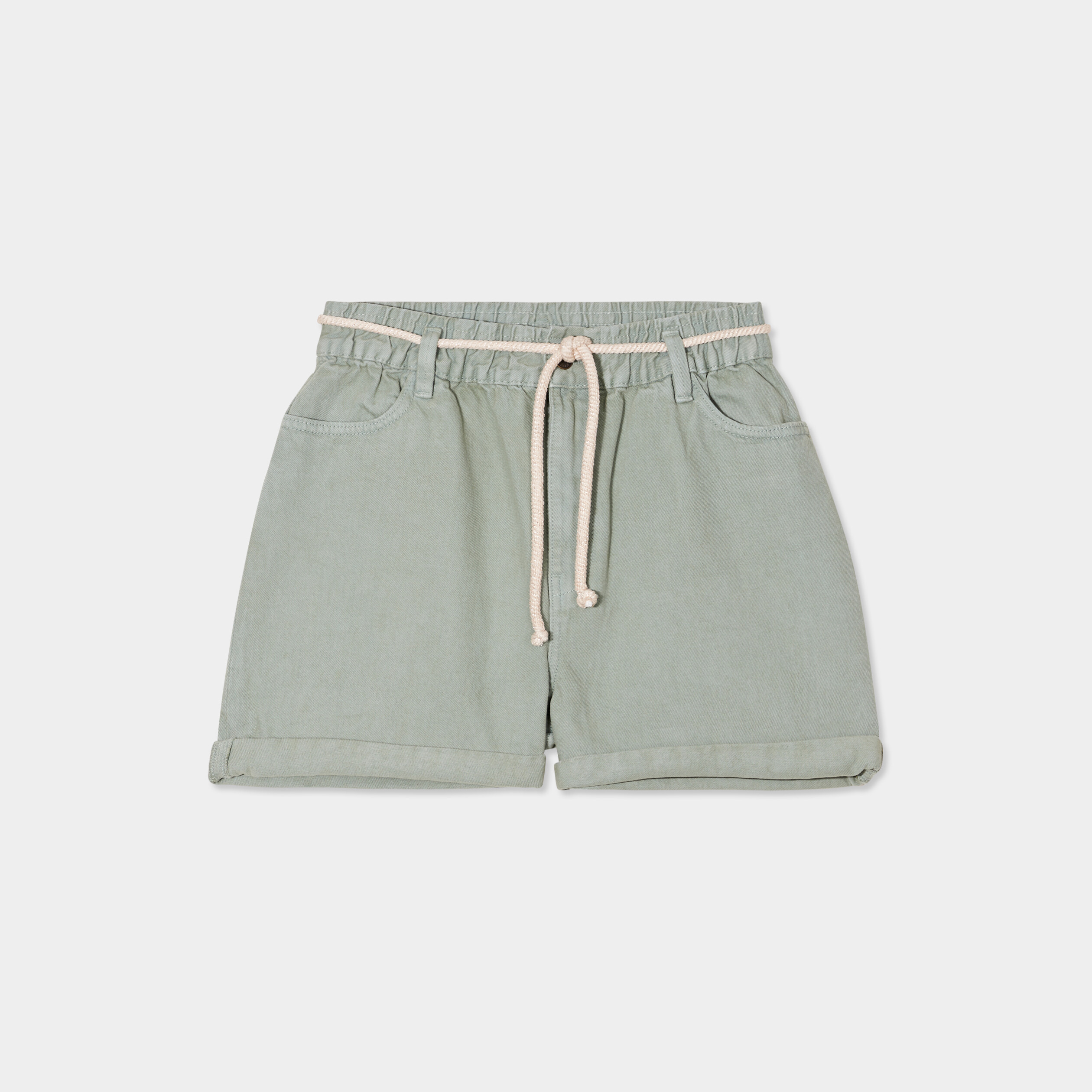 Short en jean ceinture élastiquée vert foncé femme