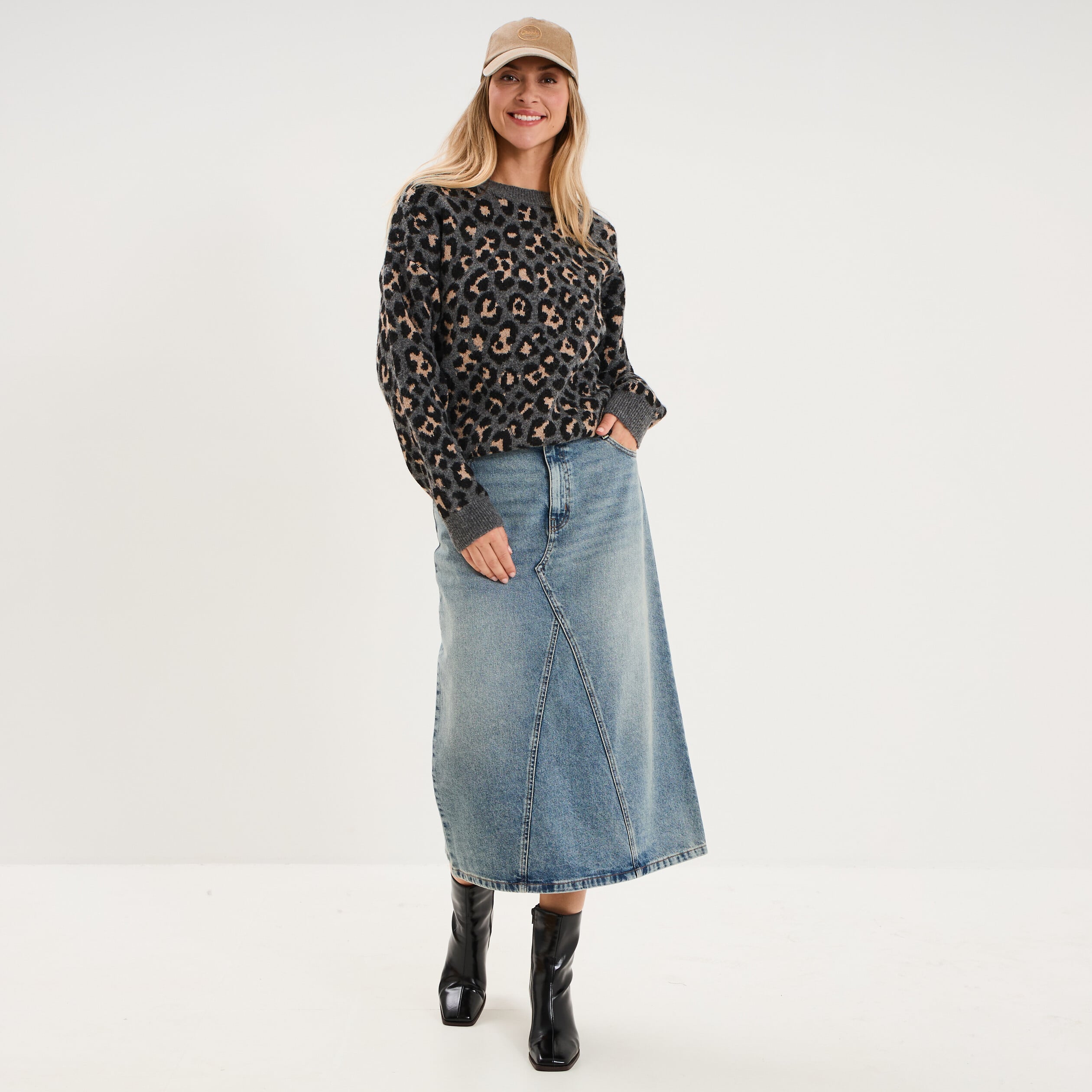Pull col rond &agrave; manches longues gris moyen femme