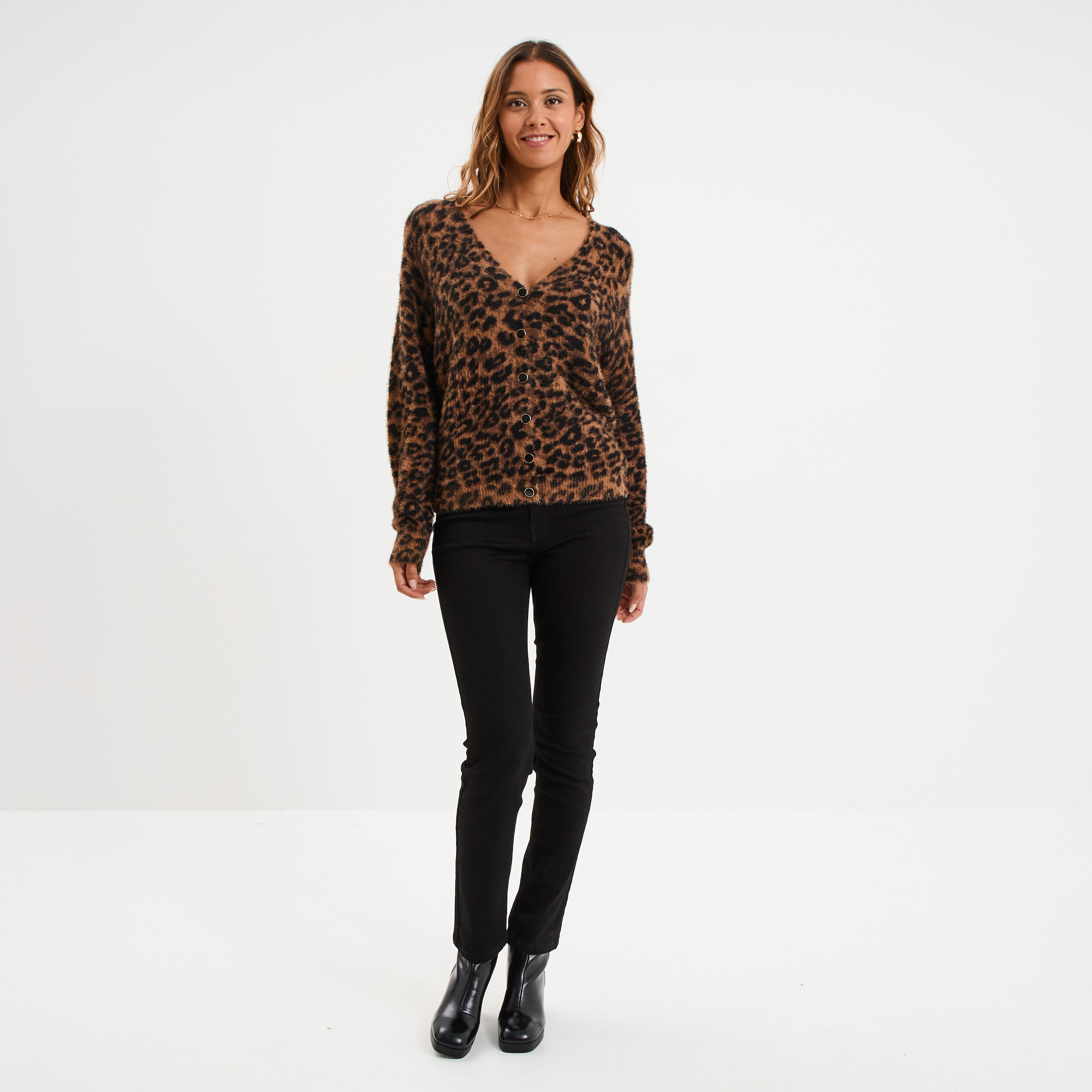 Gilet col en V manches longues camel femme