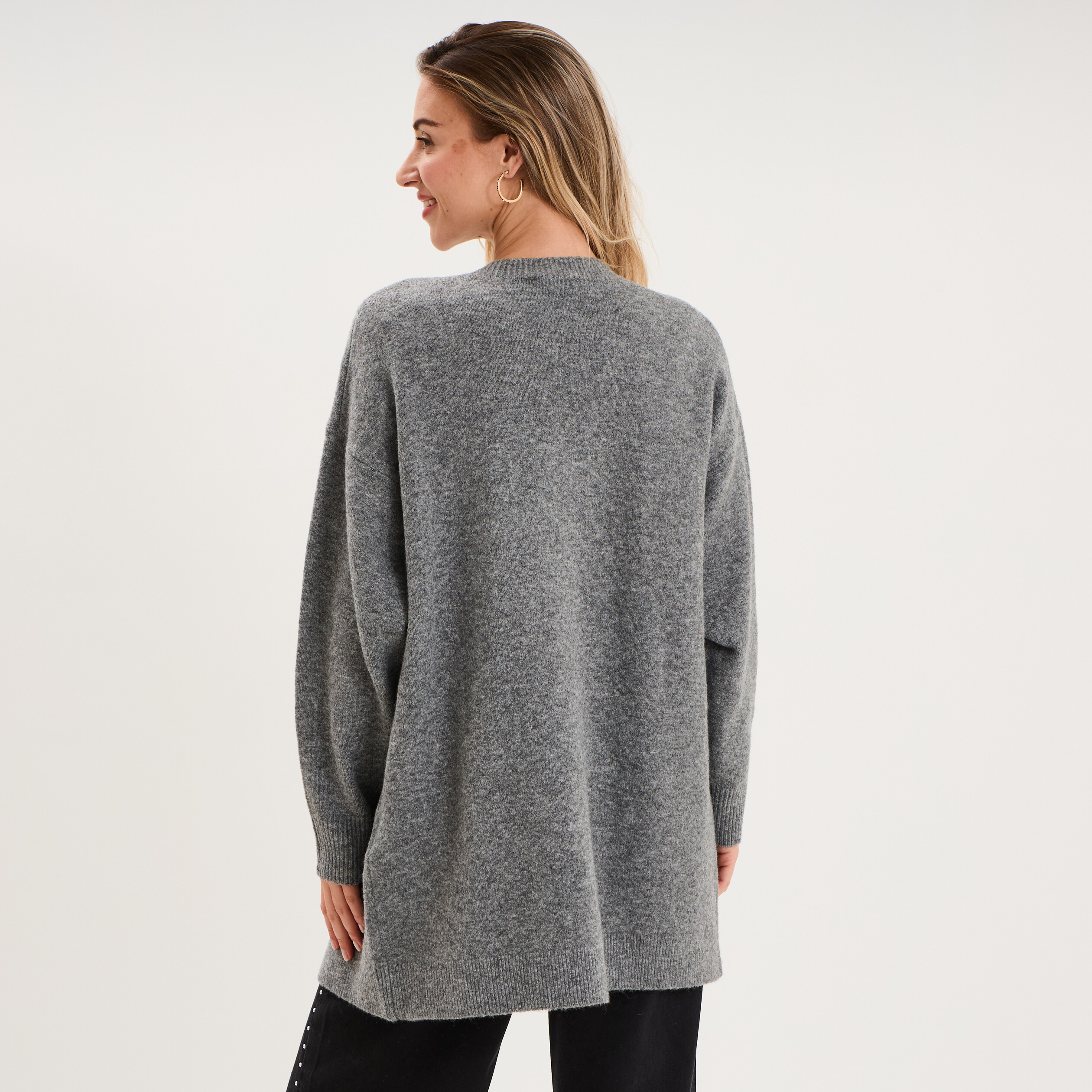 Gilet long ample manches longues gris femme