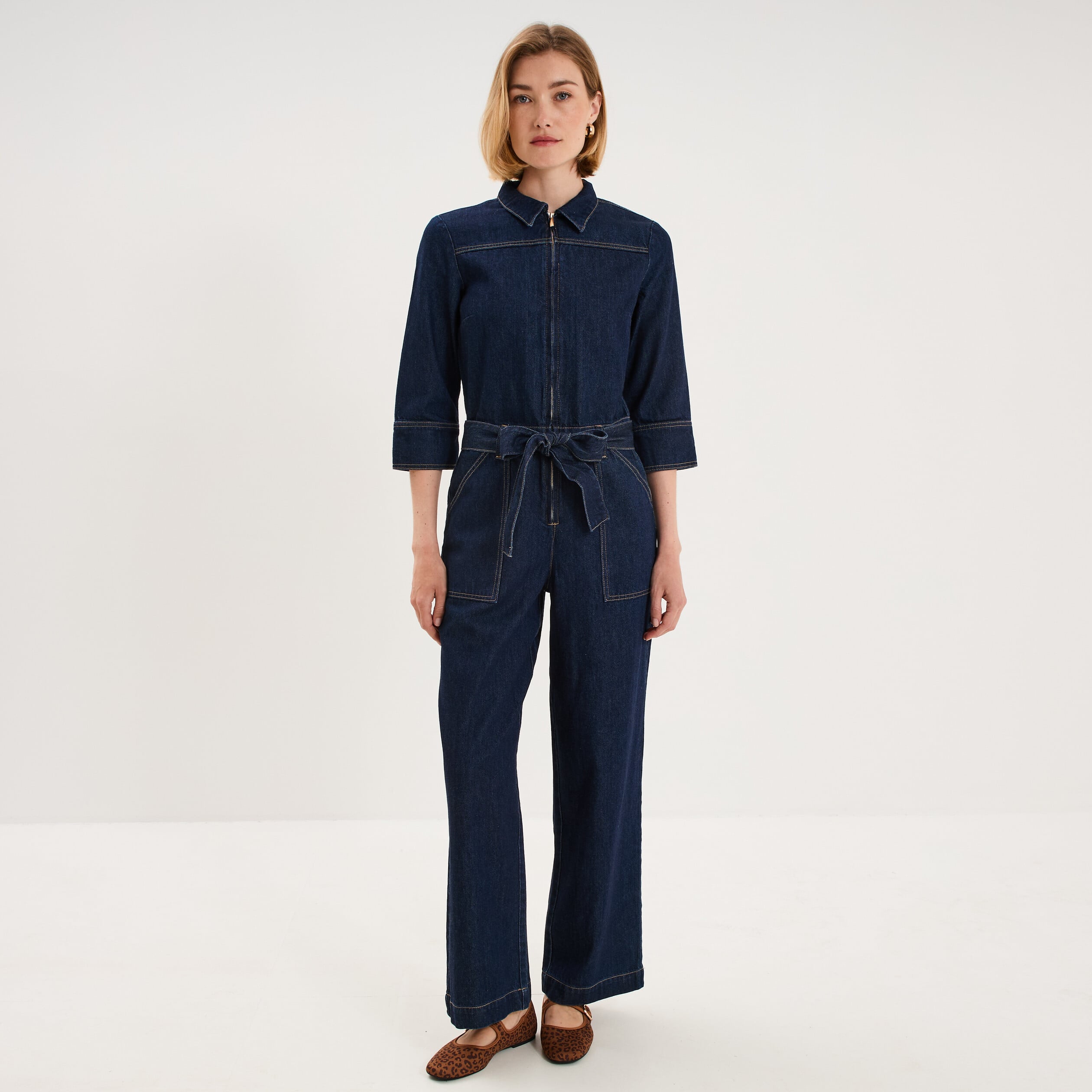 Combinaison pantalon large en jean coton denim brut femme