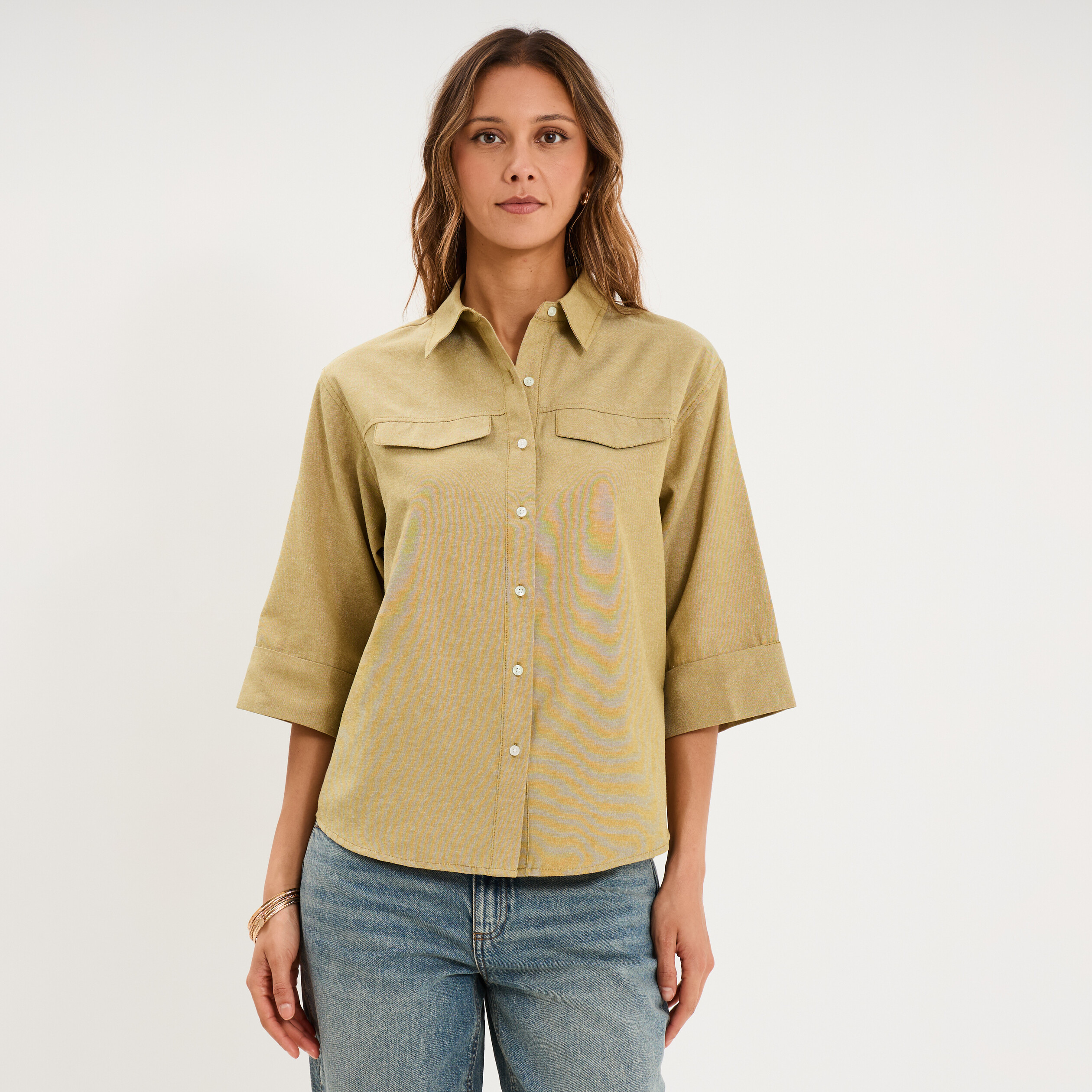Chemise manches 3/4 poches poitrine vert olive femme