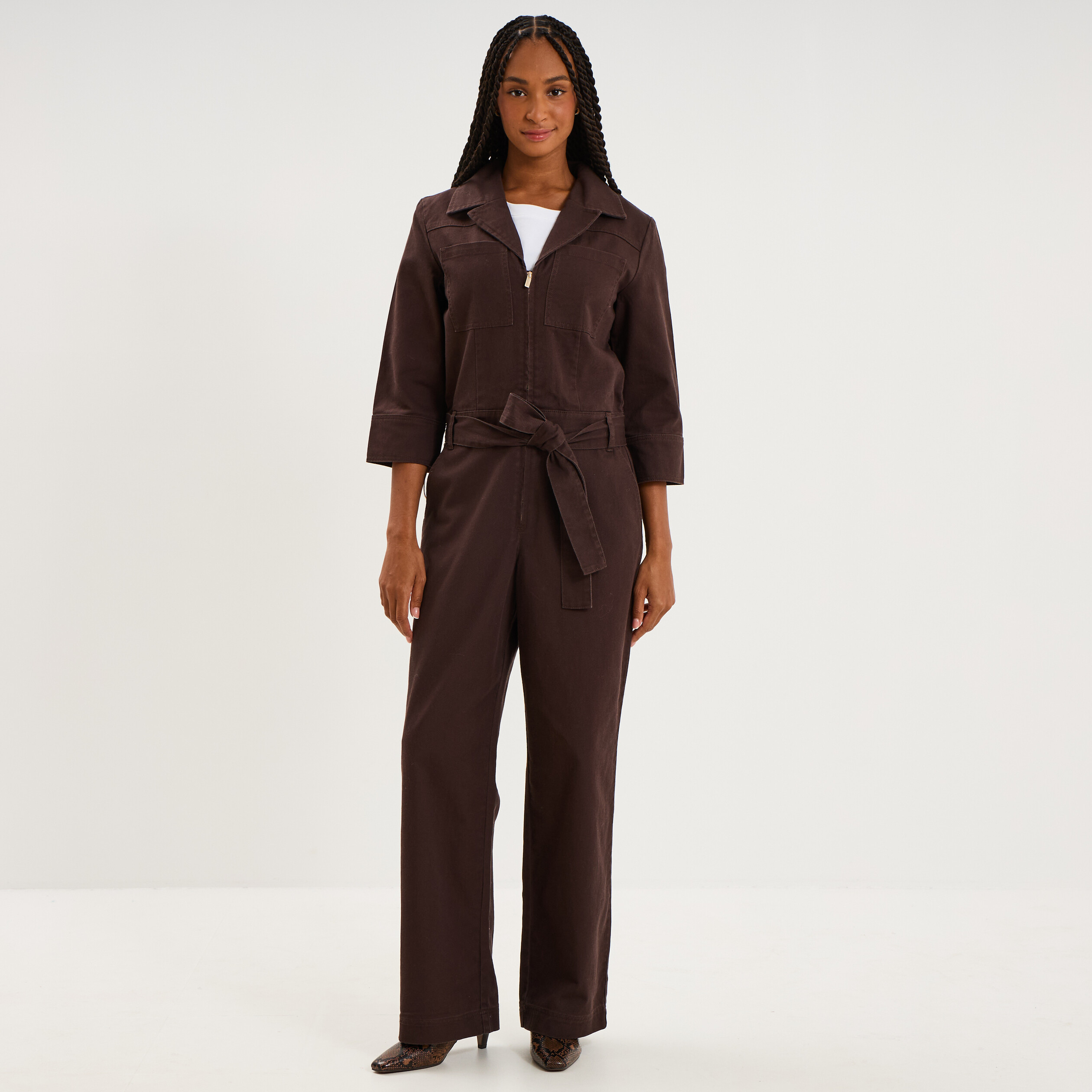 Combinaison pantalon zipp&eacute;e jambe large marron fonc&eacute; femme