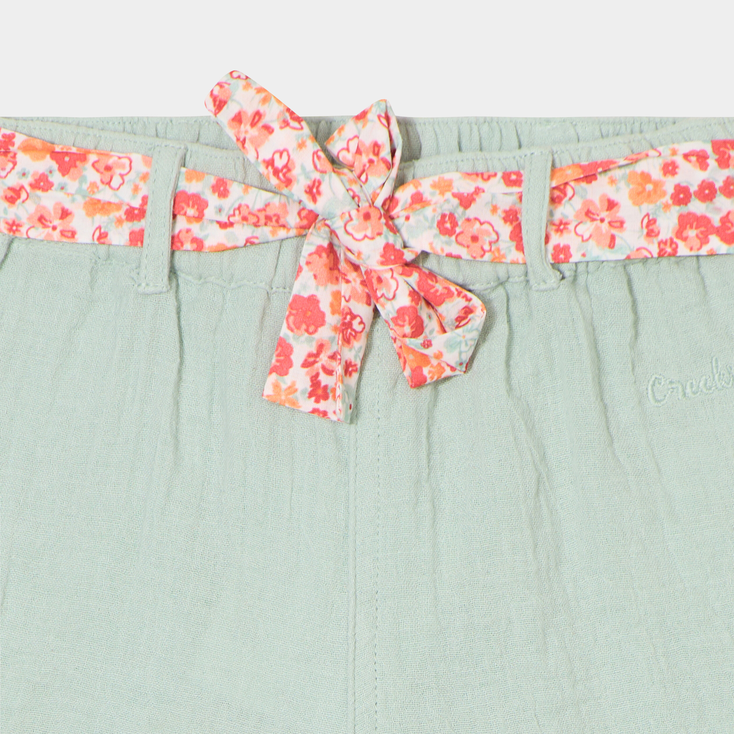 short ceinture foulard en gaze de coton vert pastel bebef Short ceinture foulard en gaze de coton vert pastel bébé fille