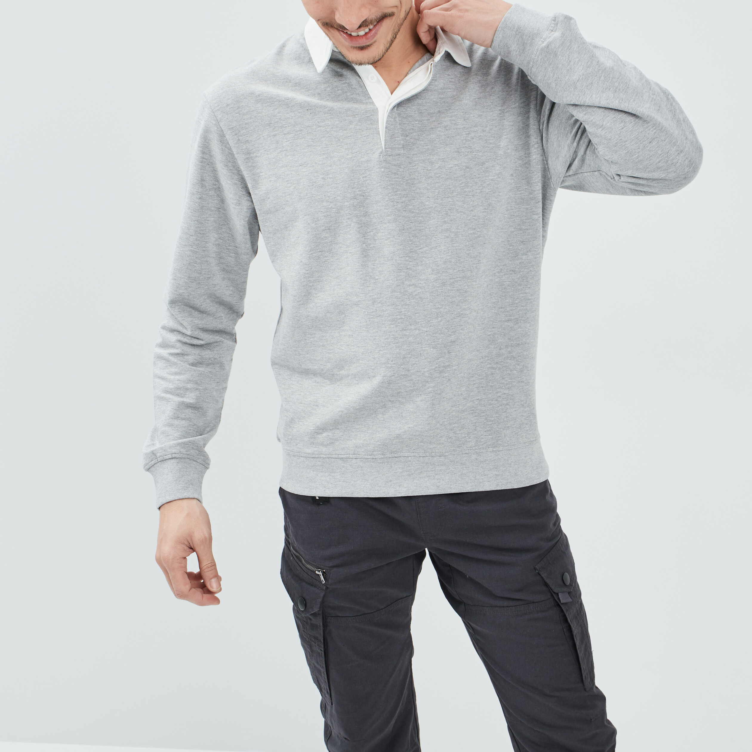 Polo manches longues gris clair homme