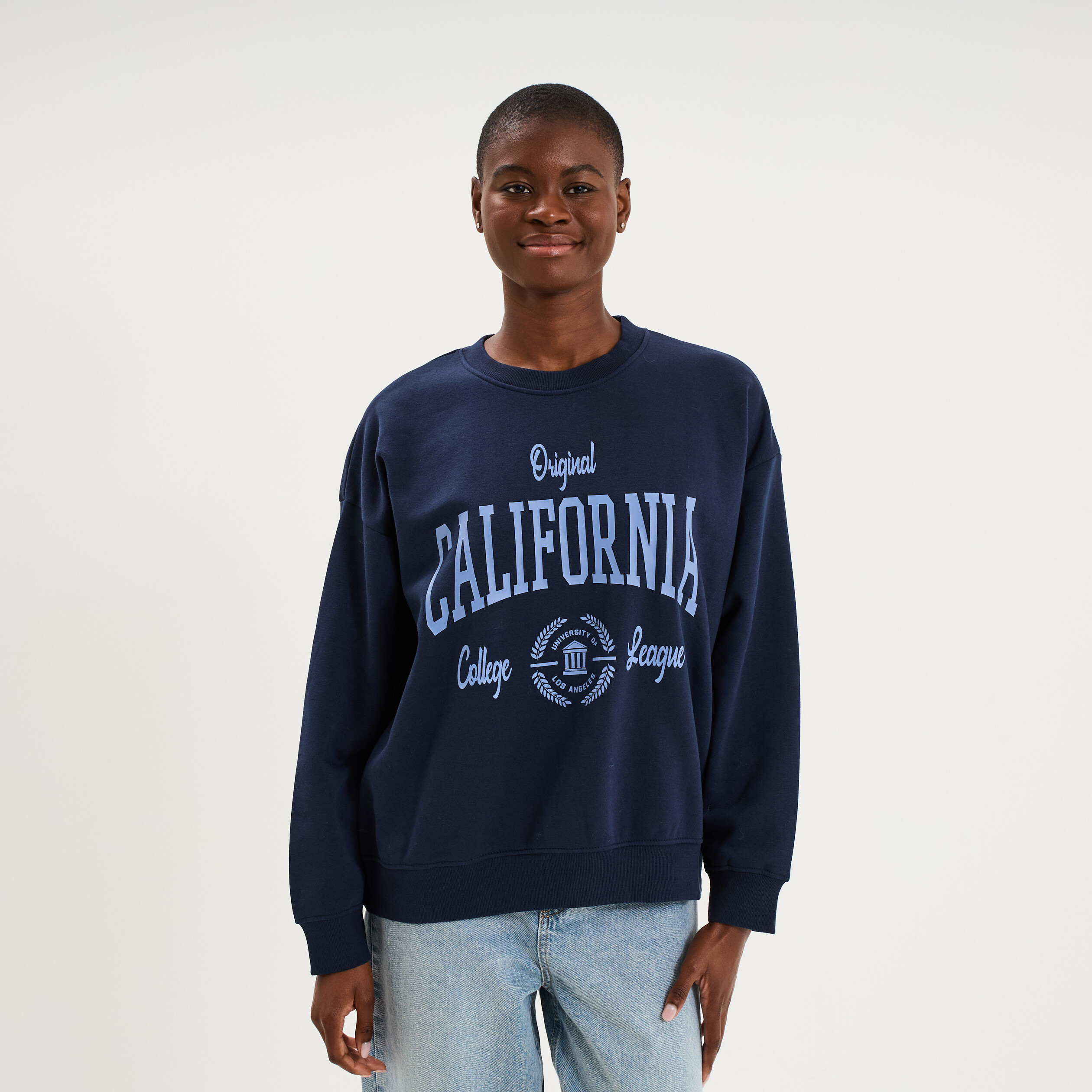 Sweat col rond manches longues bleu marine femme