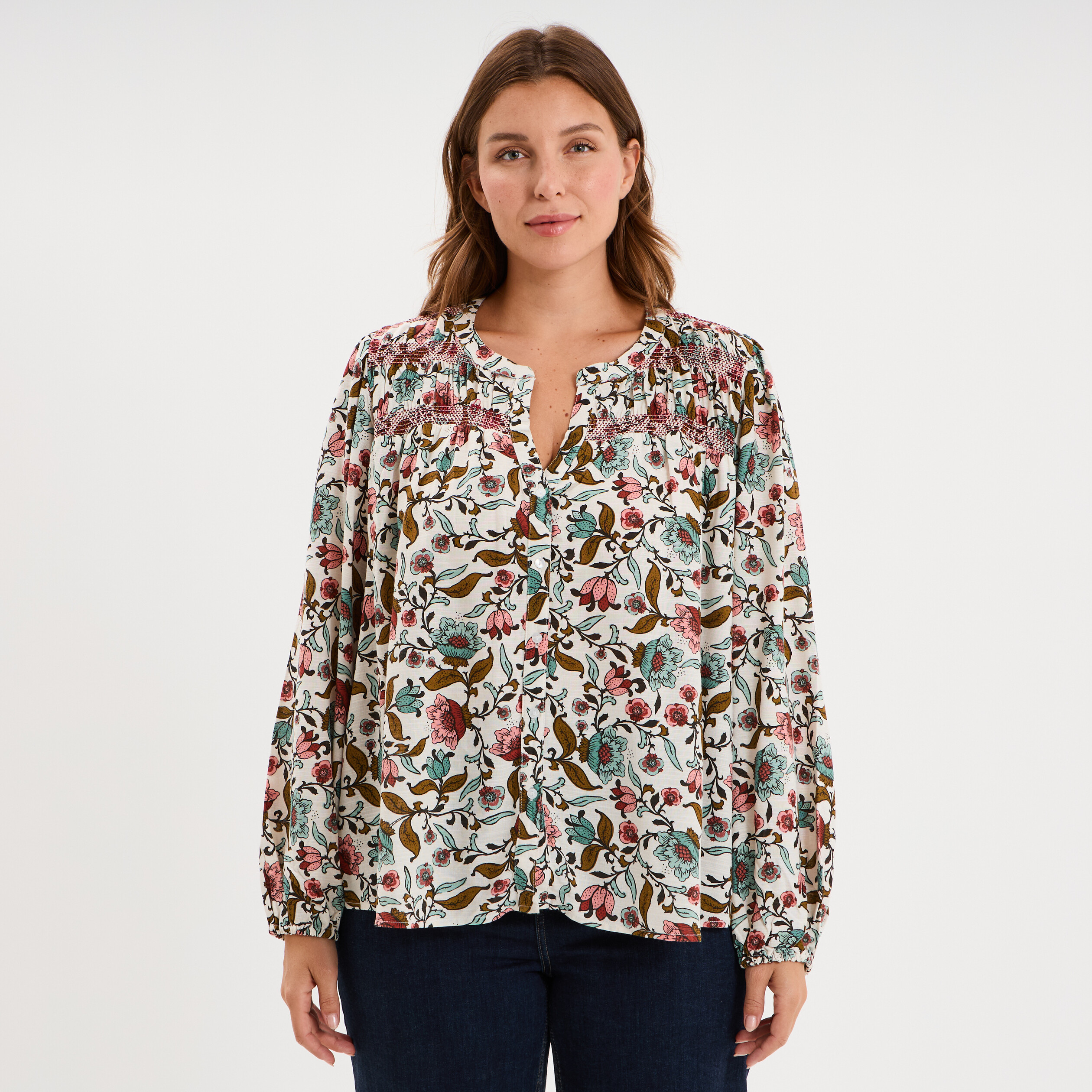 Blouse fluide col V manches longues multicolore femme grande taille