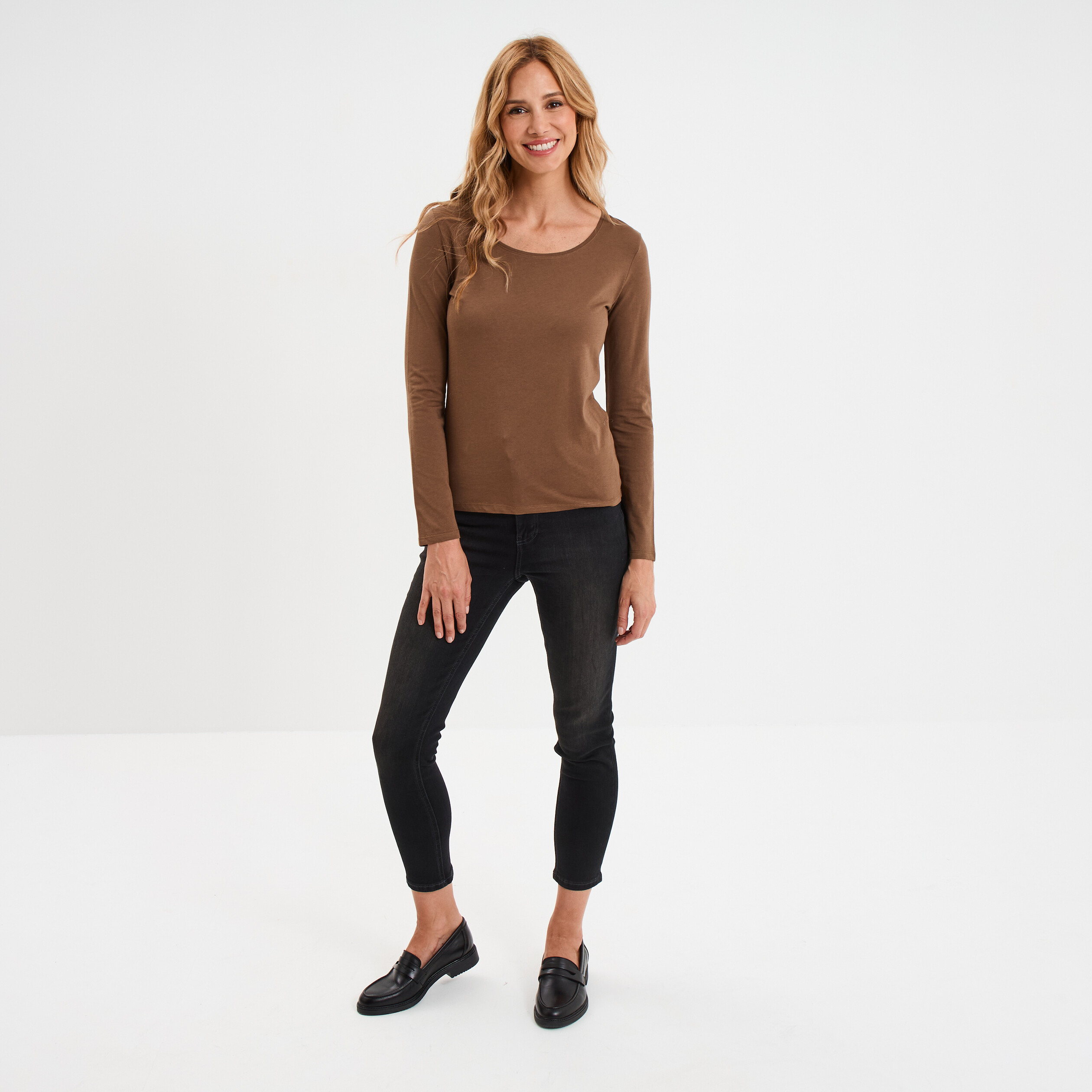 t shirt coton col rond manches longues taupe femme T-shirt coton col rond manches longues taupe femme