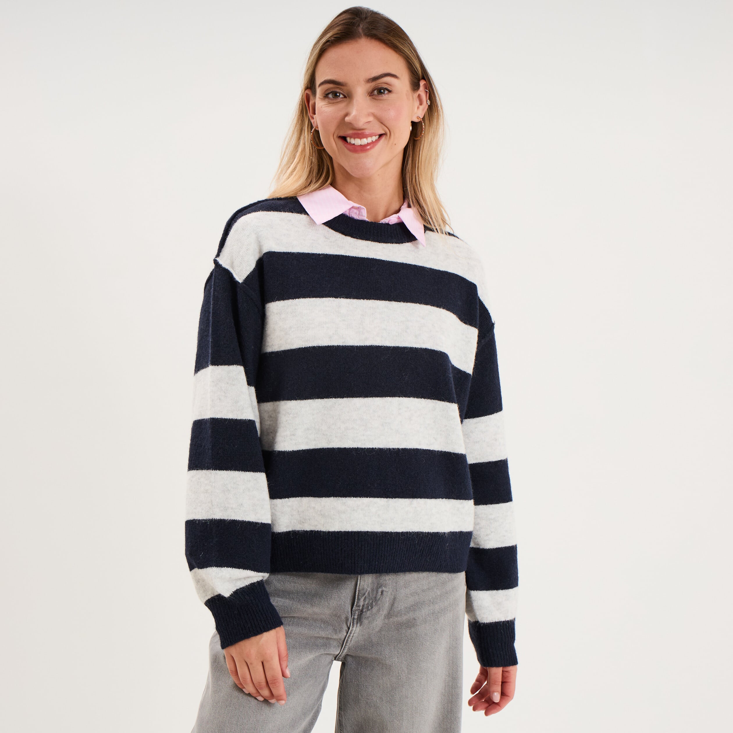 Pull col rond avec manches longues ecru femme
