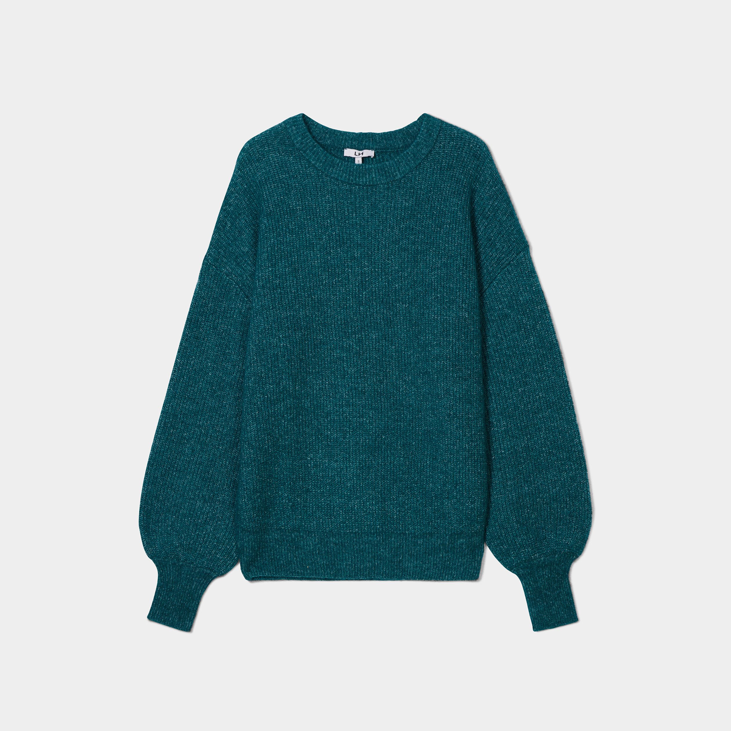 Pull col rond manches ballons bleu canard femme