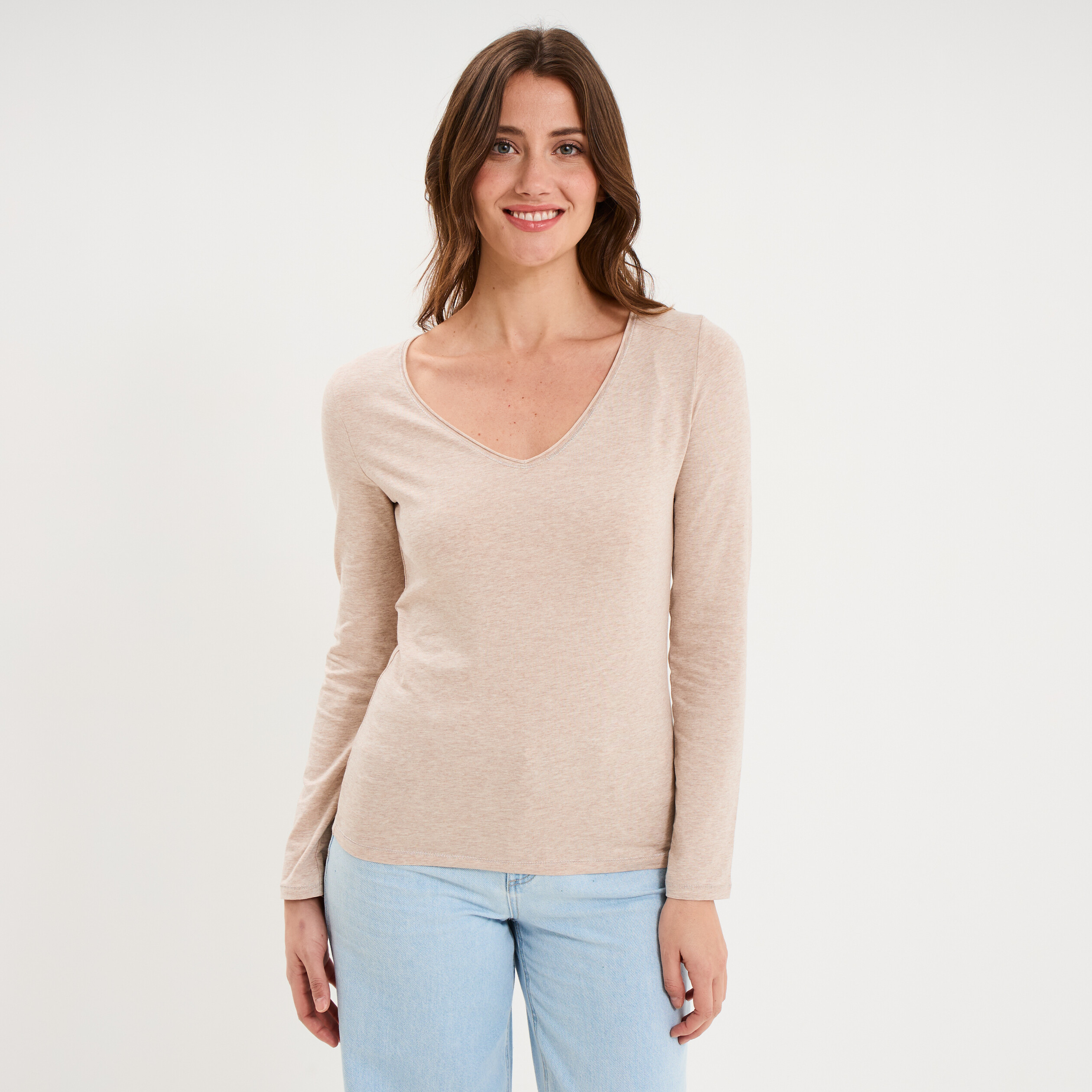 T-shirt manches longues col en V coton beige femme