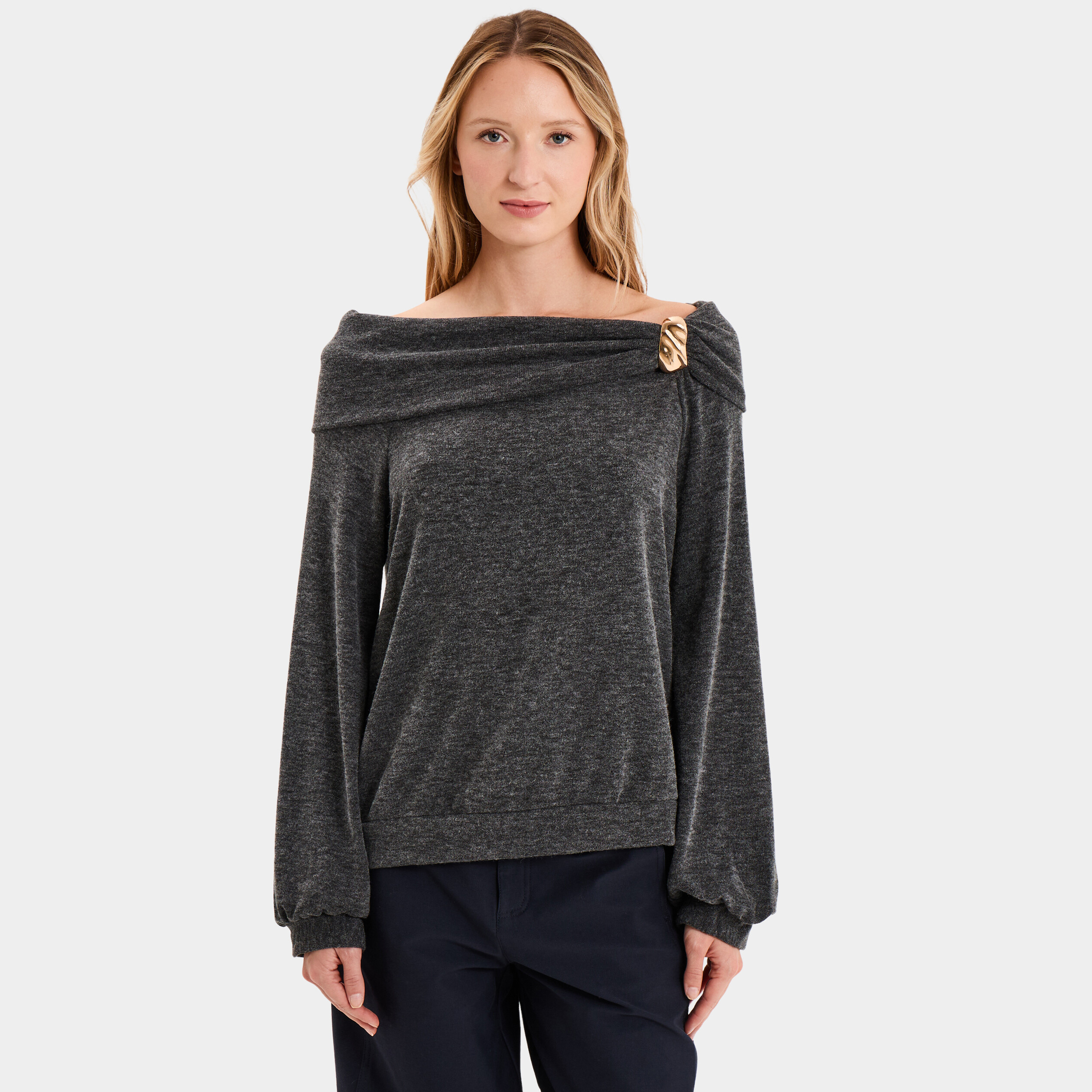 Pull encolure bateau manches longues gris femme