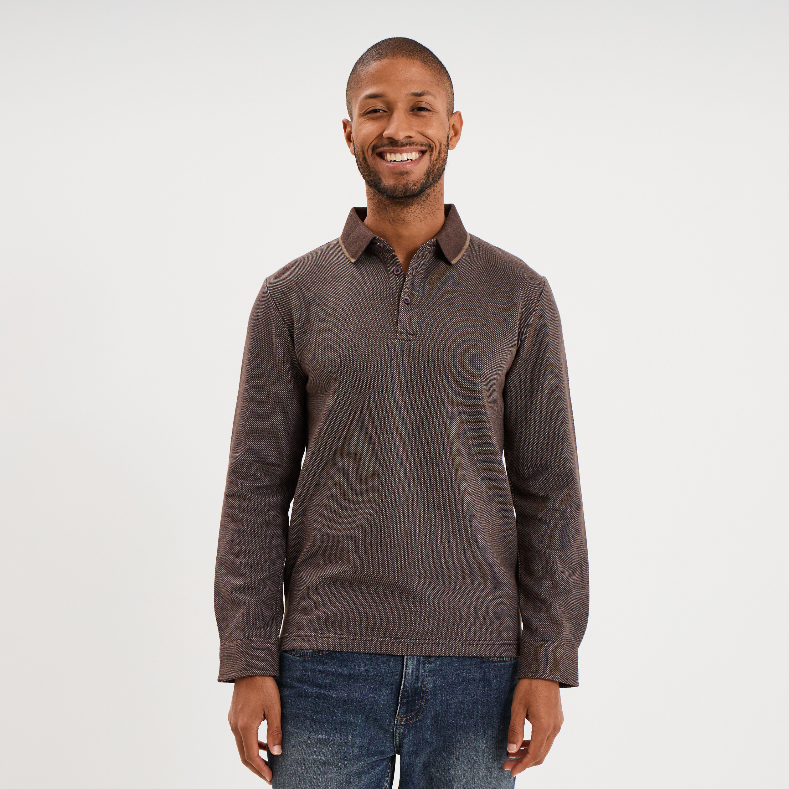 Polo manches longues marron fonc&eacute; homme