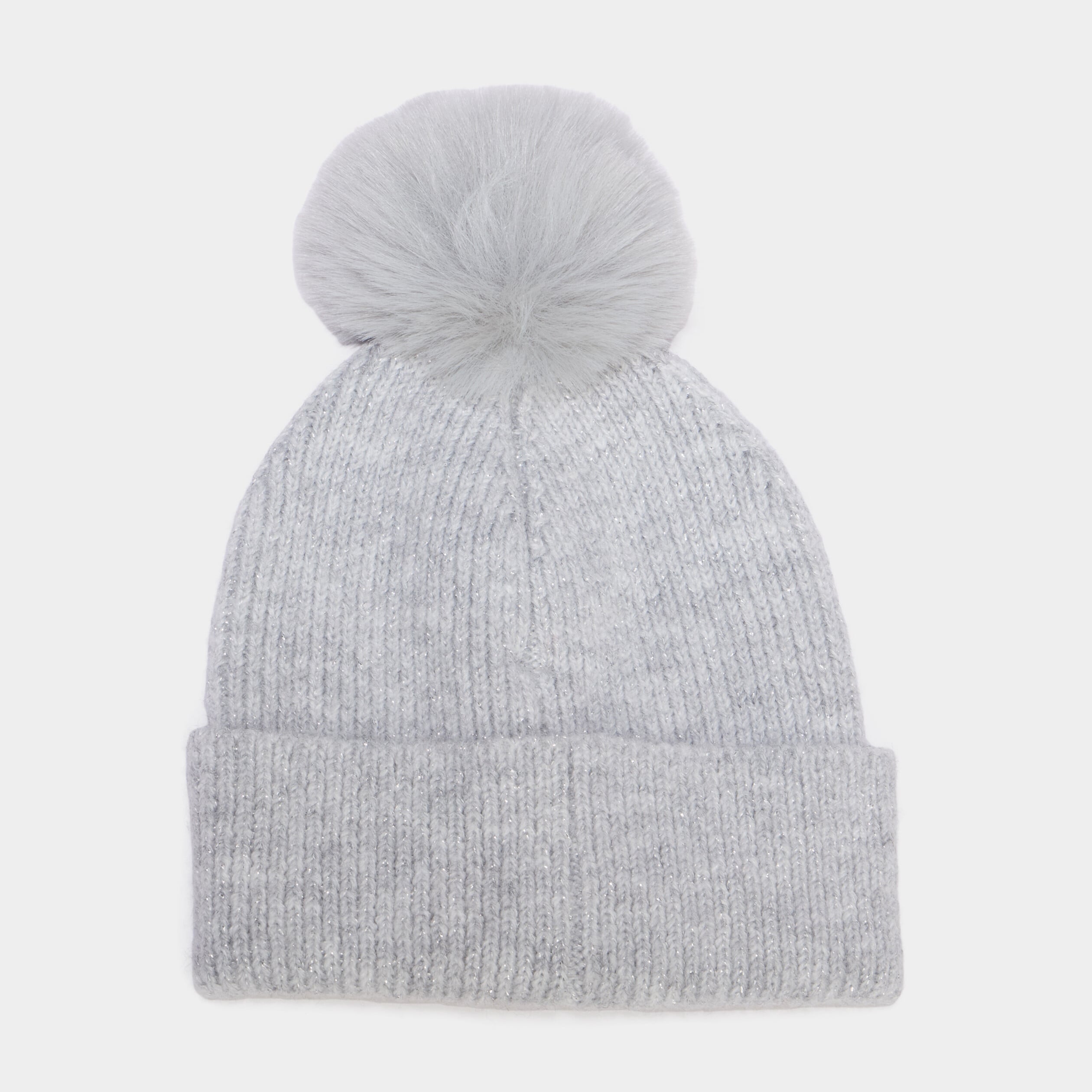 Bonnet &agrave; pompon fausse fourrure gris fille