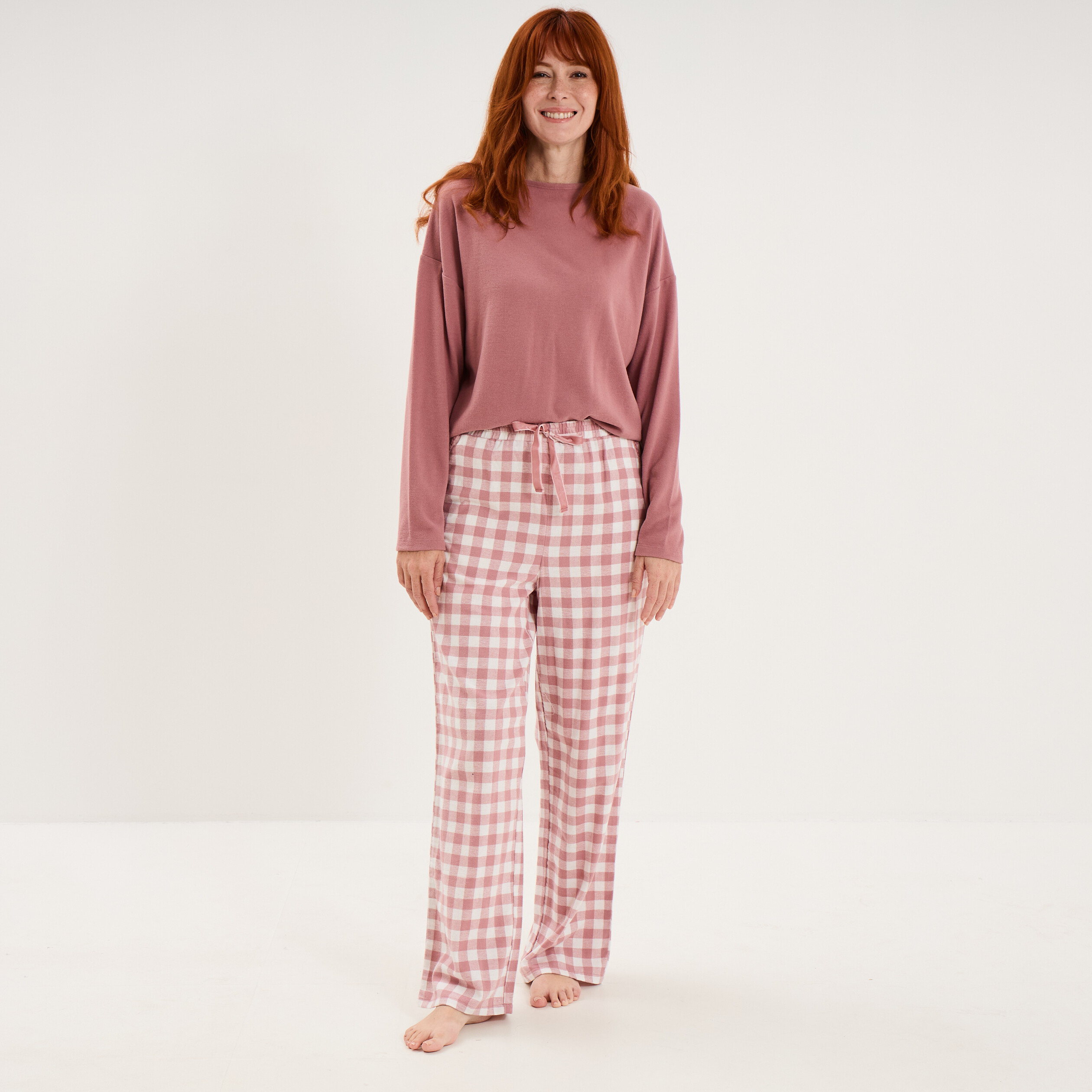 Pyjama pantalon manches longues rose nude femme