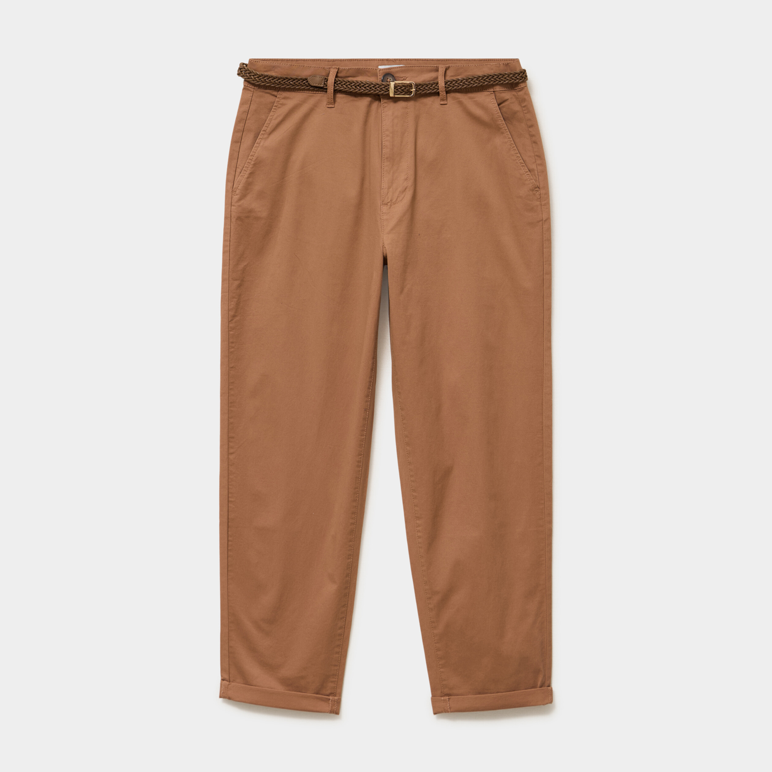 Pantalon chino regular ceinture tress&eacute;e marron clair femme