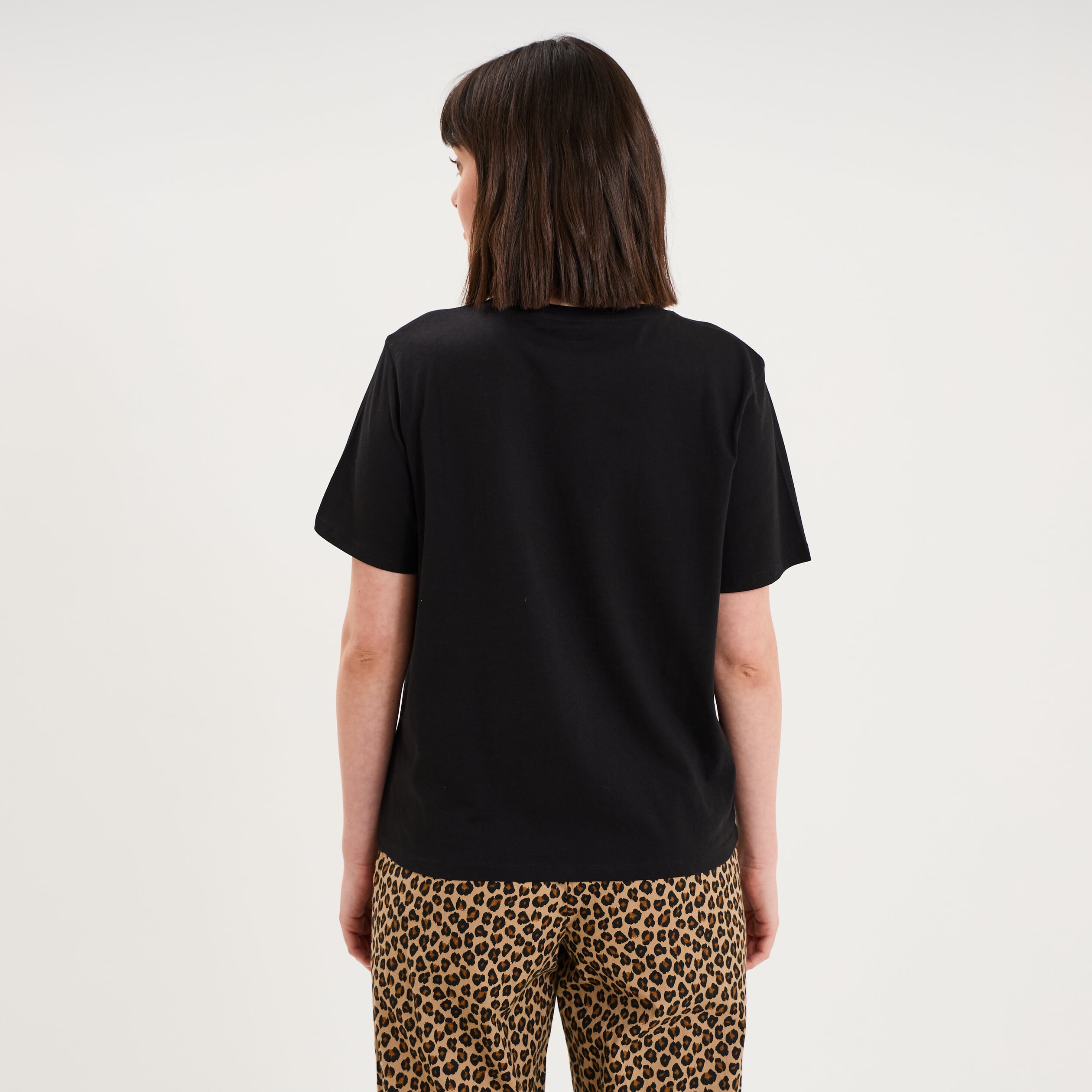 T-shirt col rond manches courtes coton noir femme