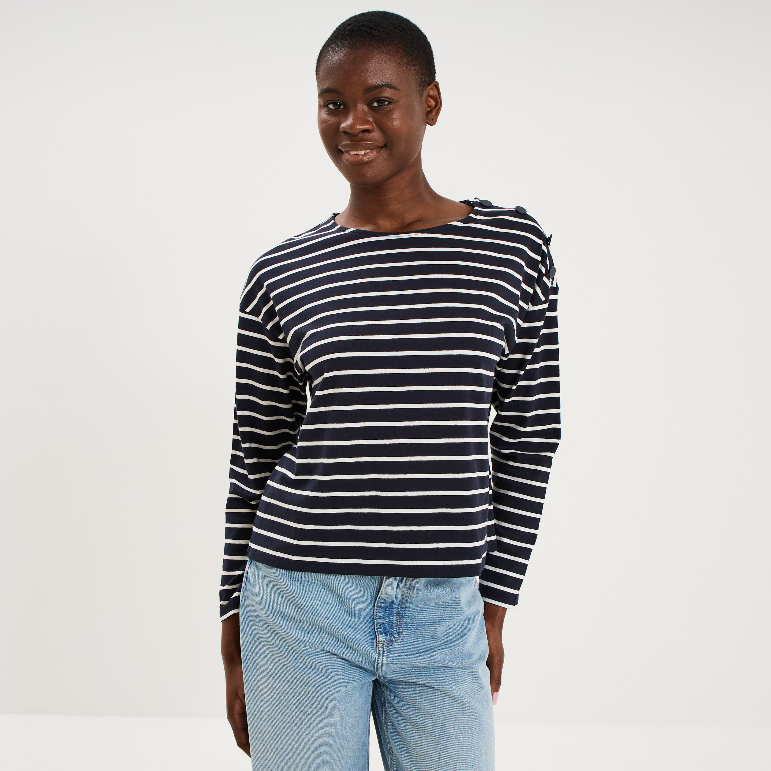 T-shirt marini&egrave;re col rond avec boutons ecru femme
