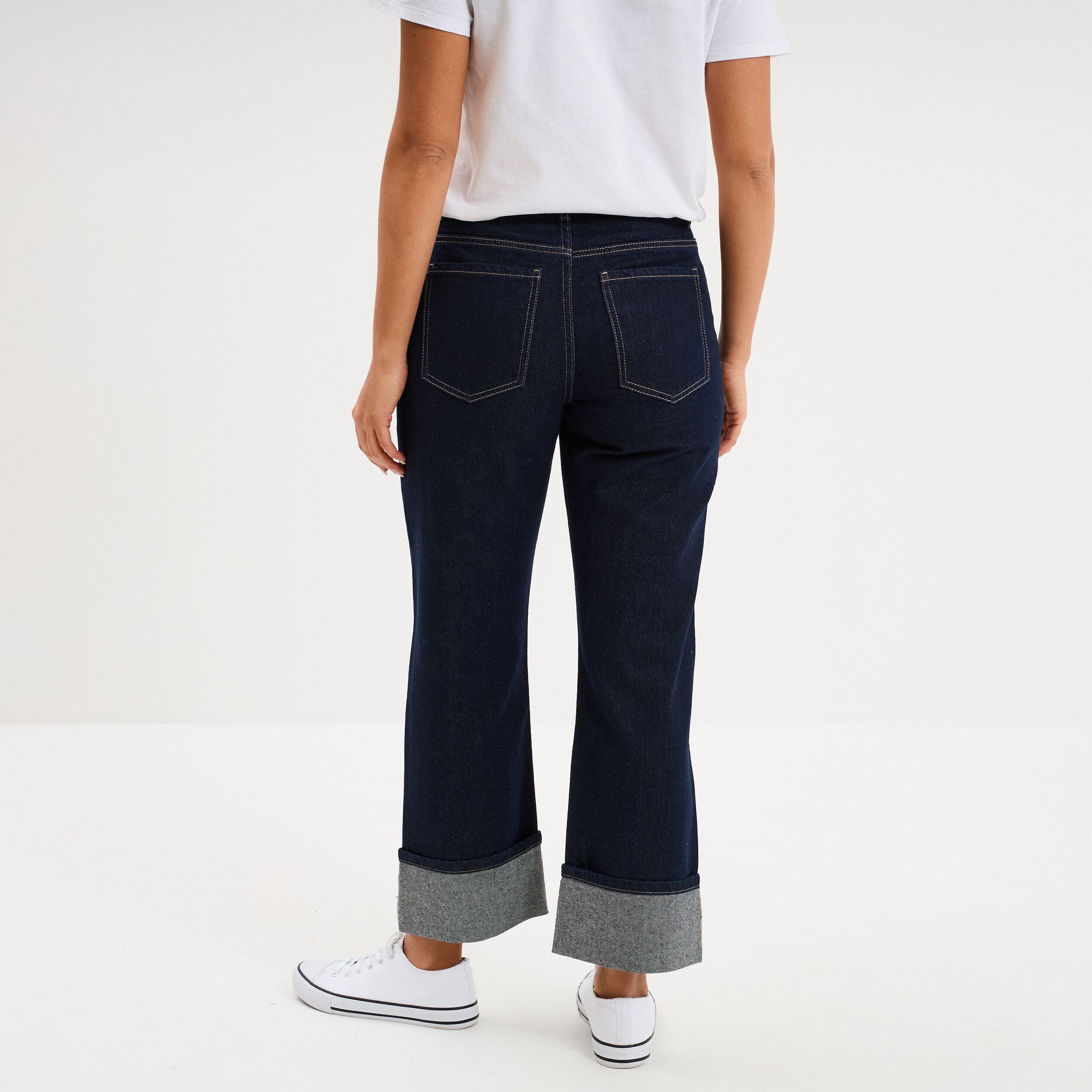 Jean droit cropped bas revers denim brut femme