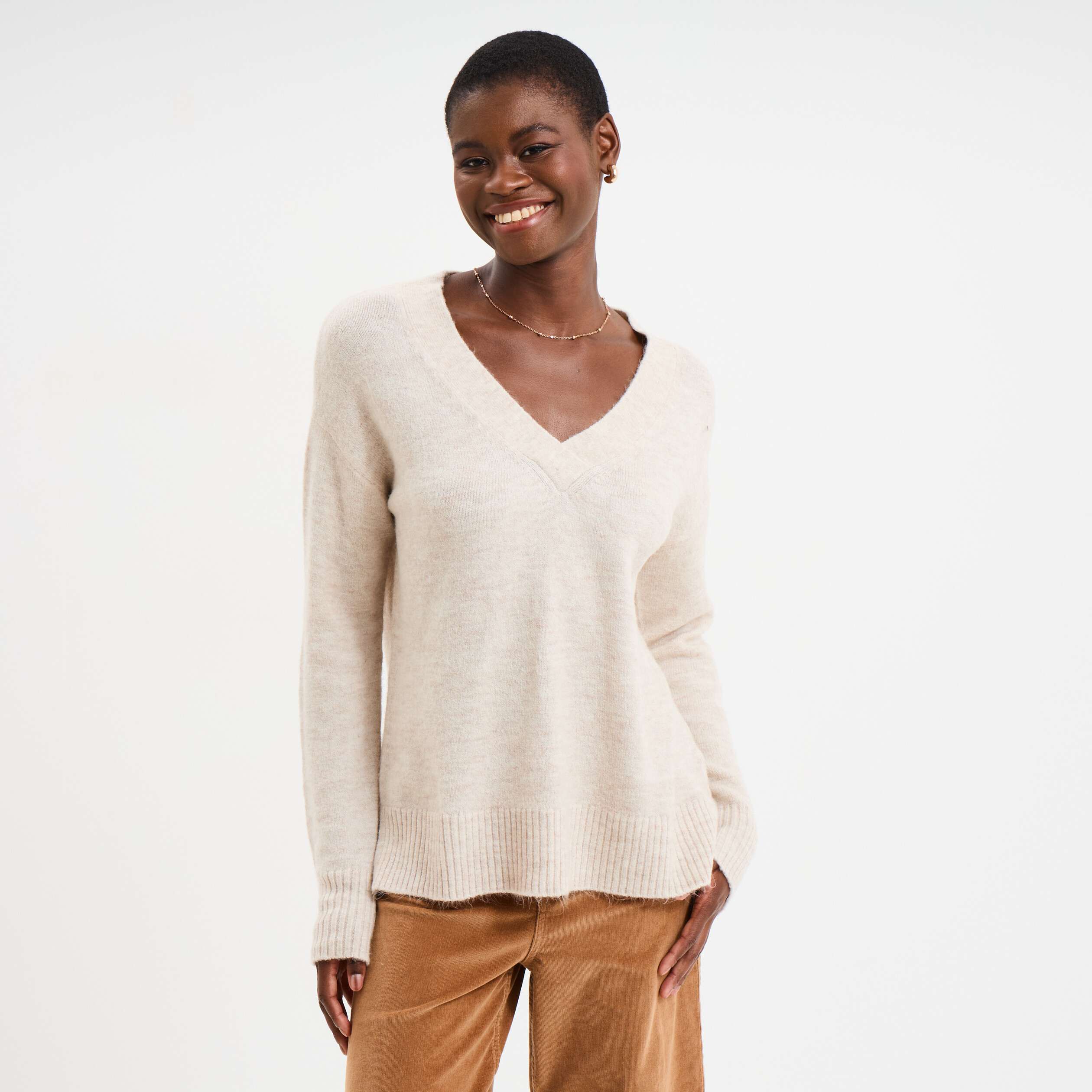 Pull Oversize Pull Ample Femme Col V Pull Droit Ample Col V Fentes - Main Image