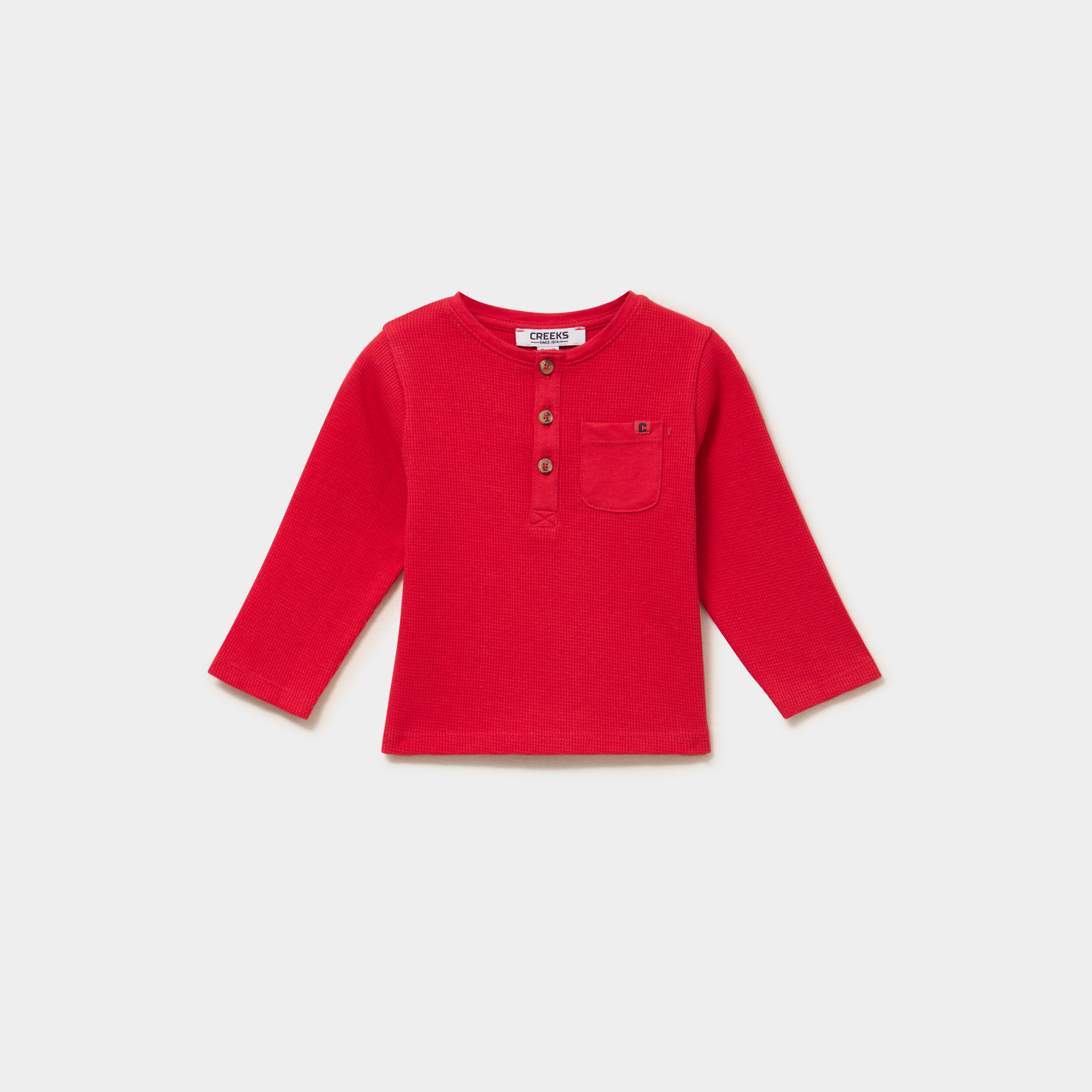 T-shirt col tunisien manches longues rouge b&eacute;b&eacute; gar&ccedil;on