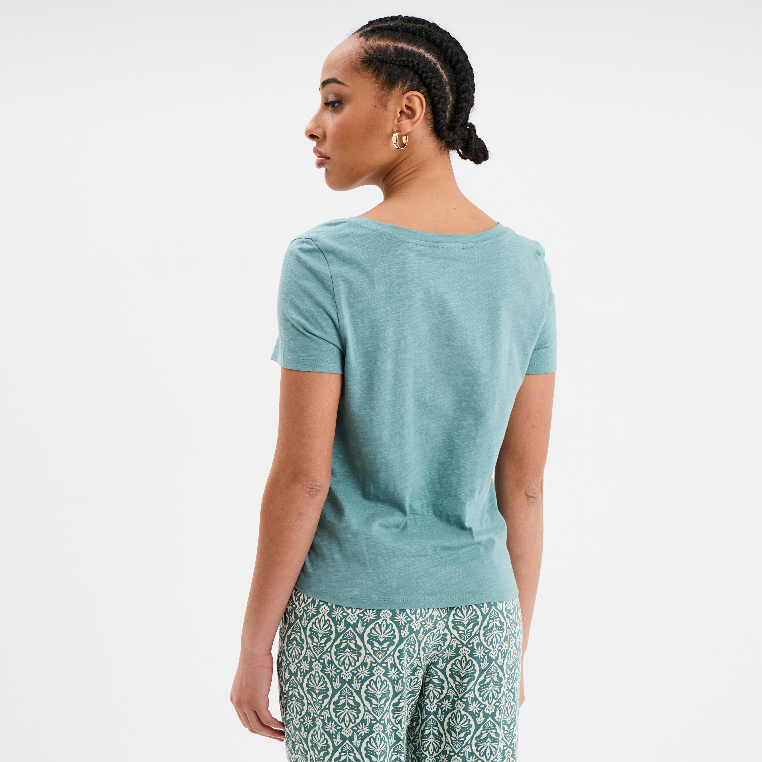 t shirt taille effet noue coton bleu gris femme T-shirt taille effet noué coton bleu gris femme