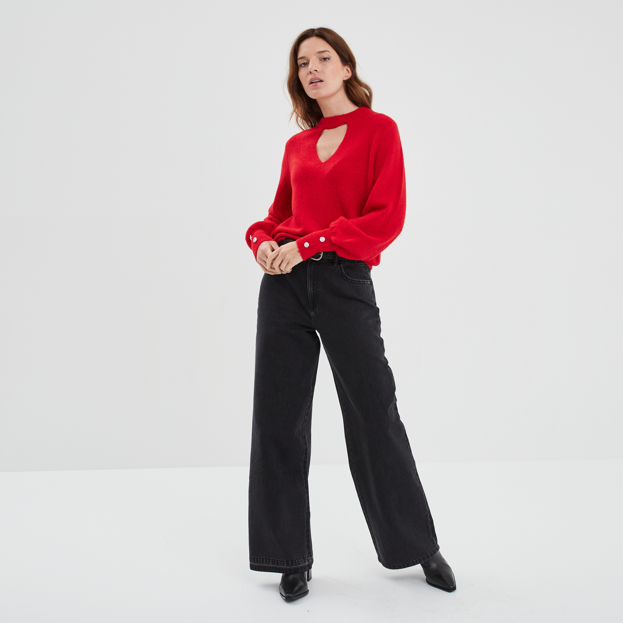 Pull col montant avec ouverture rouge fluo femme