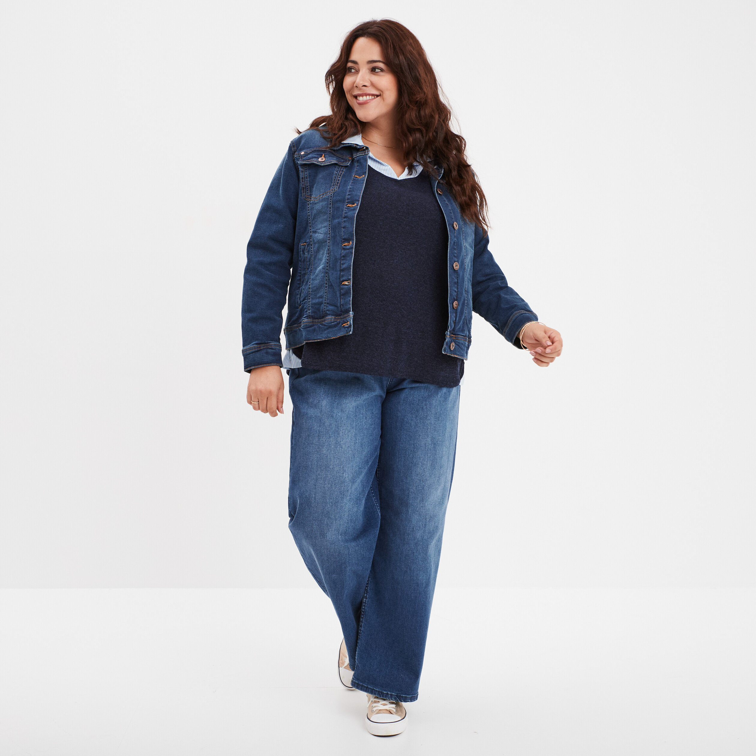 Pull effet 2 en 1 avec manches 3 4 bleu marine femme grande taille