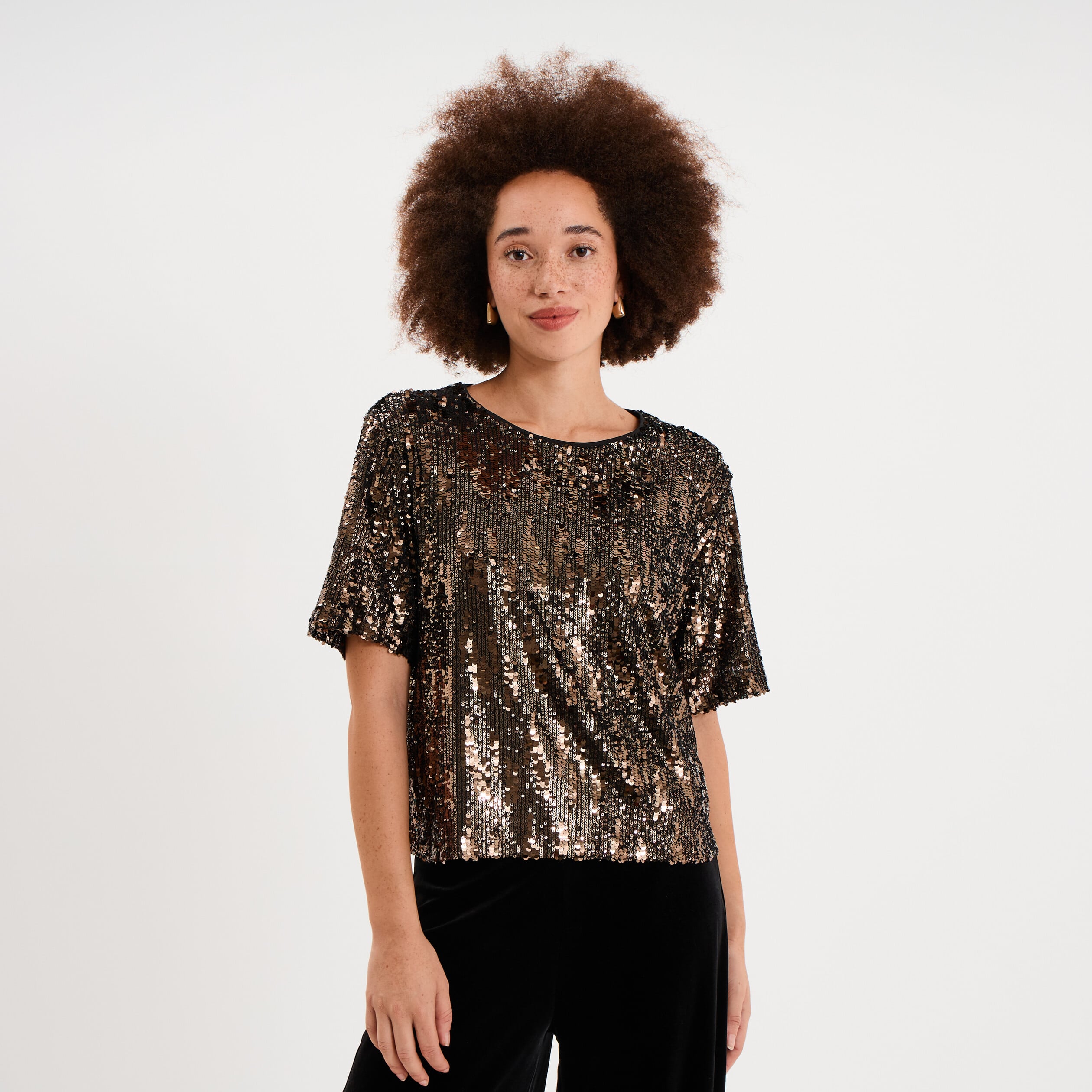 T-shirt &agrave; sequins manches courtes couleur cuivre femme