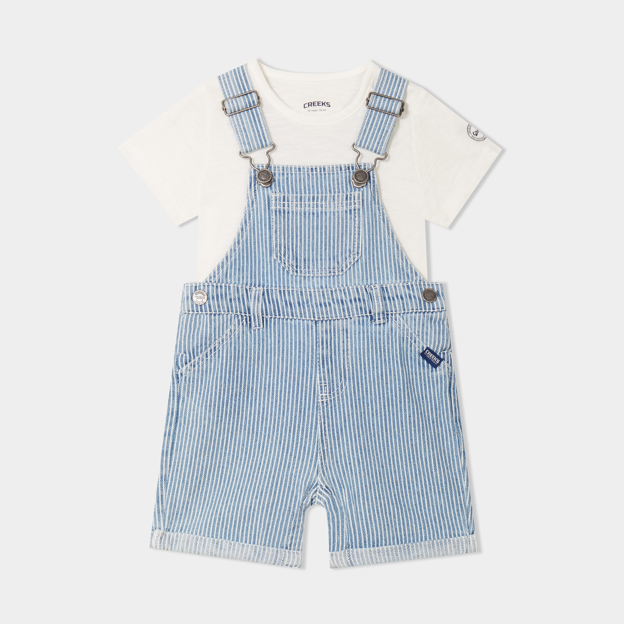 Ensemble 2 pi&egrave;ces coton salopette jean bleu clair b&eacute;b&eacute; gar&ccedil;on