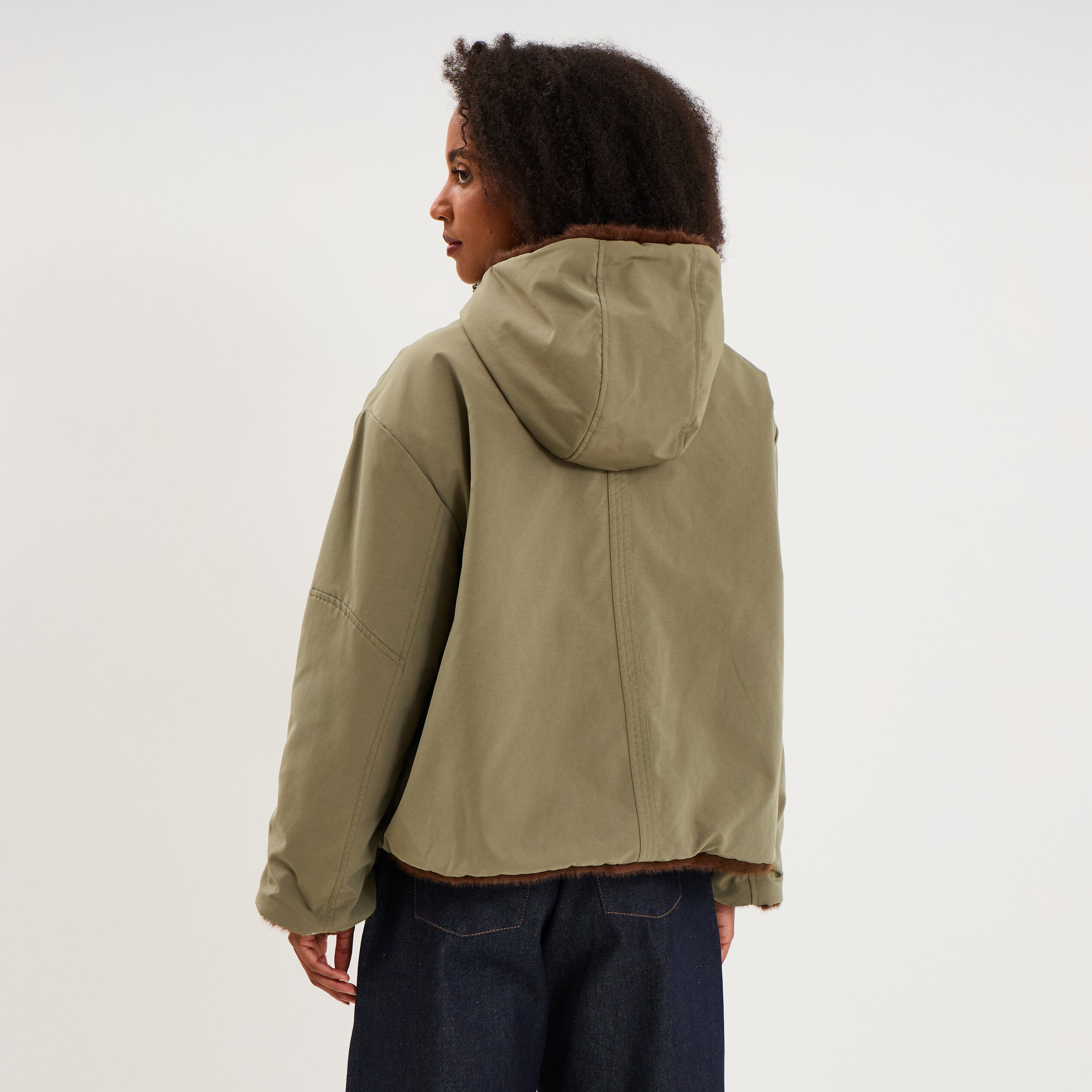 Parka r&eacute;versible capuche fausse fourrure vert kaki femme